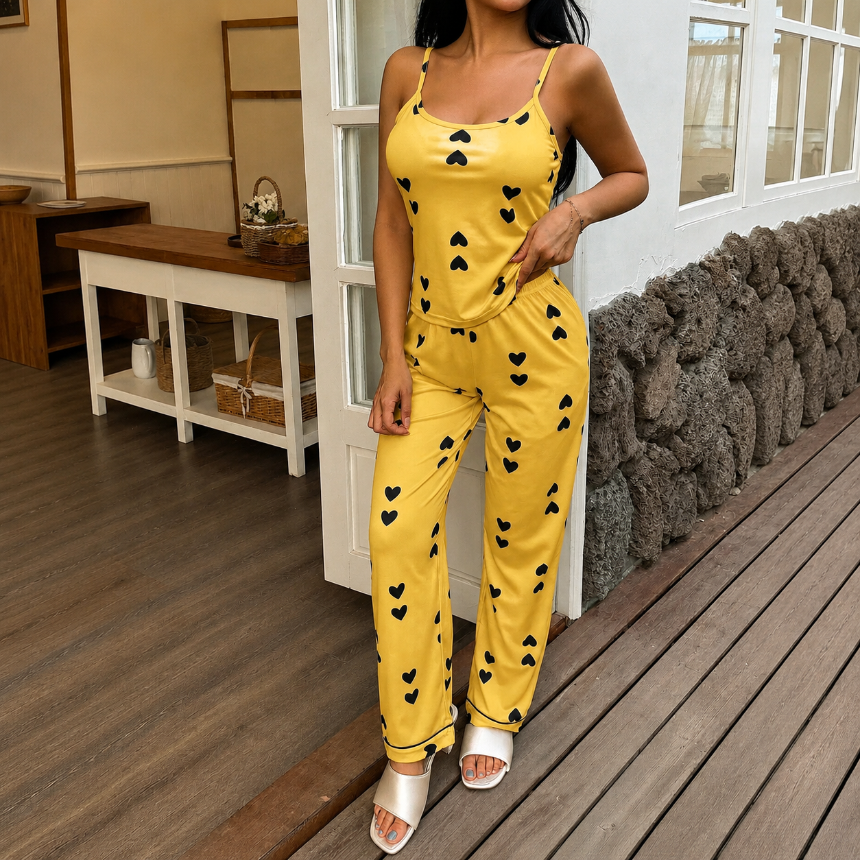 2 Piece Of Casual Printed Cami And Lounge Pants Sleepwear Pajama Set For Women