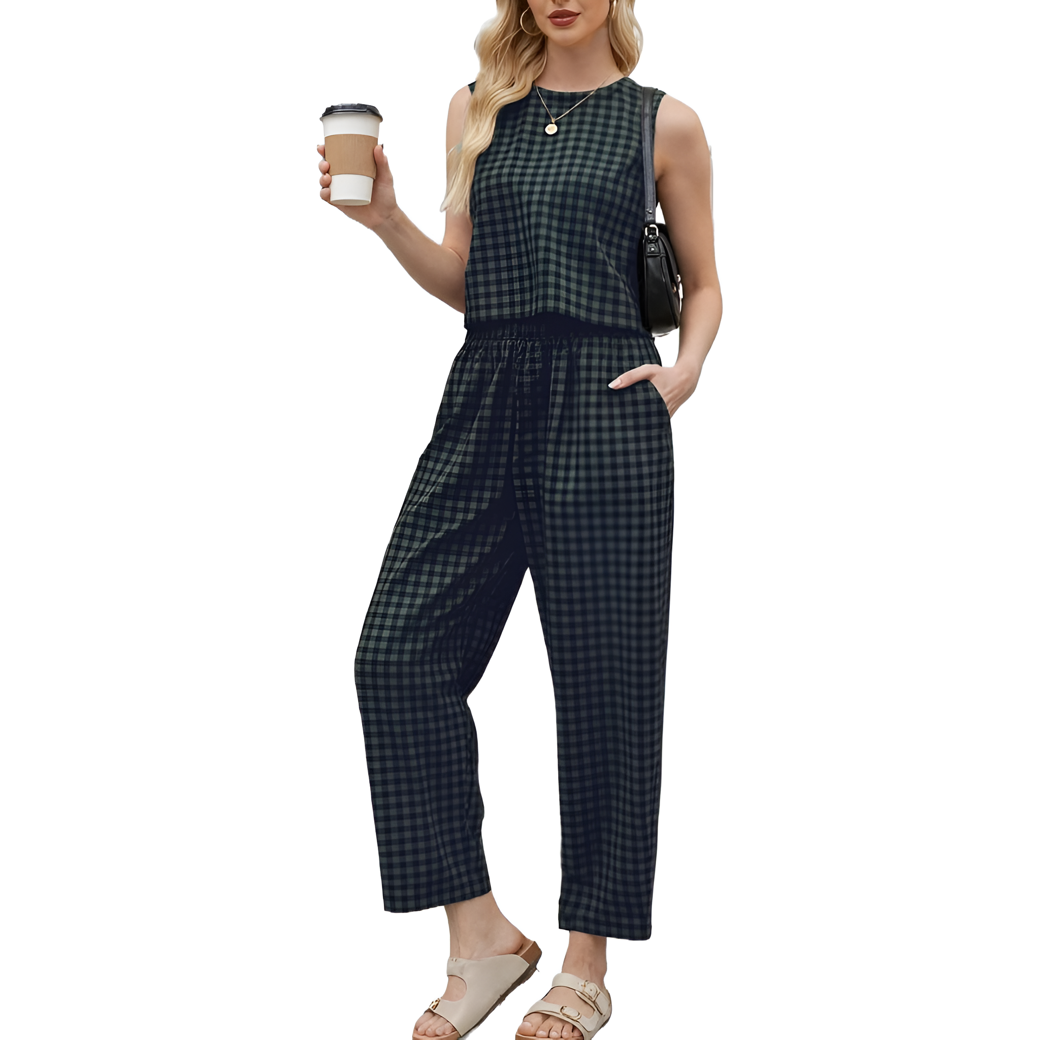 2 Piece Of Checkered Sleeveless Tank Top And Wide Pants Matching Lounge Set