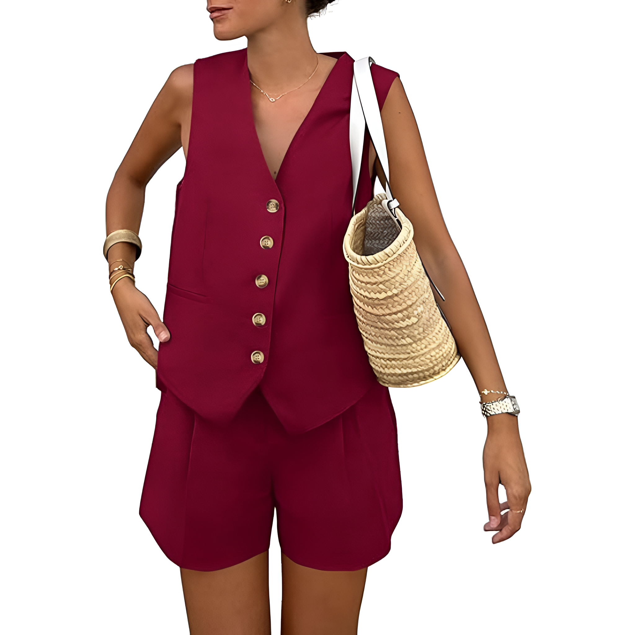 2 Pieces Of Summer Wear Sleeveless Button Down Vest And Shorts Matching Set