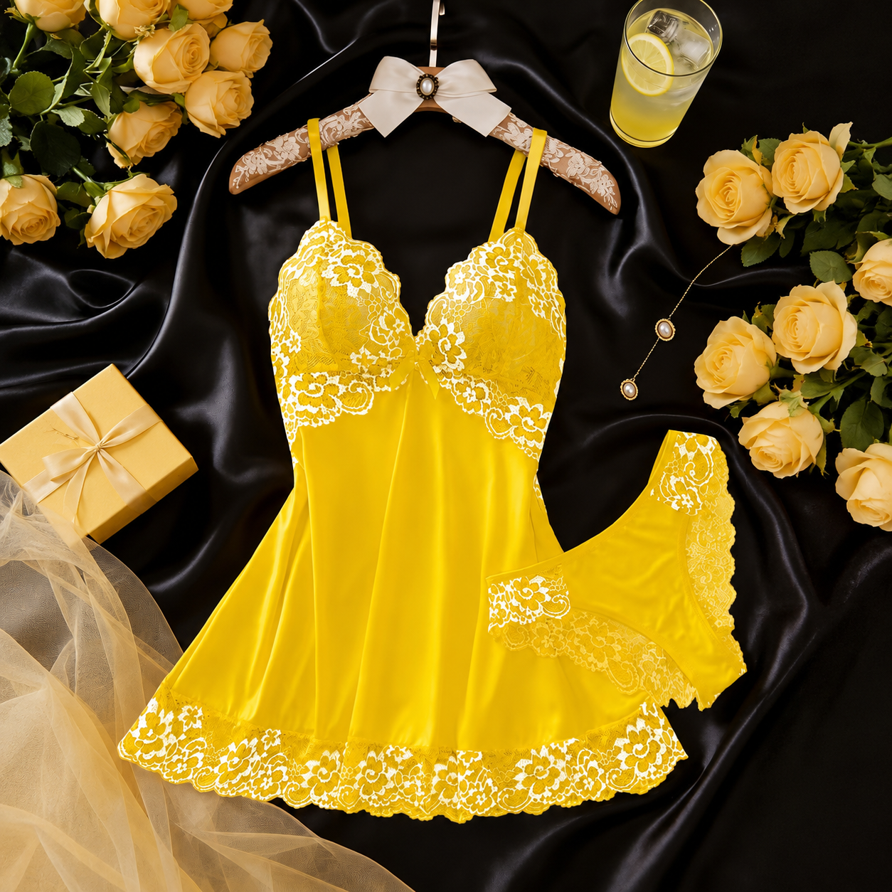 2 Piece Floral Lace Nightdress Set With Matching Briefs For Women