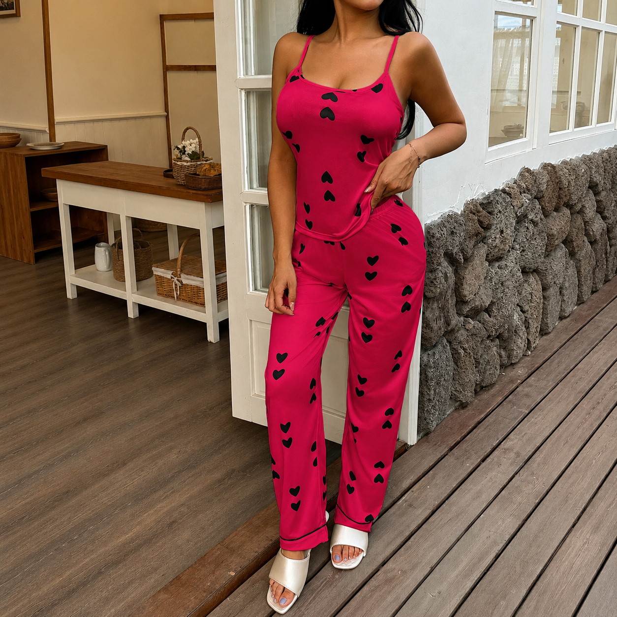 2 Piece Of Casual Printed Cami And Lounge Pants Sleepwear Pajama Set For Women