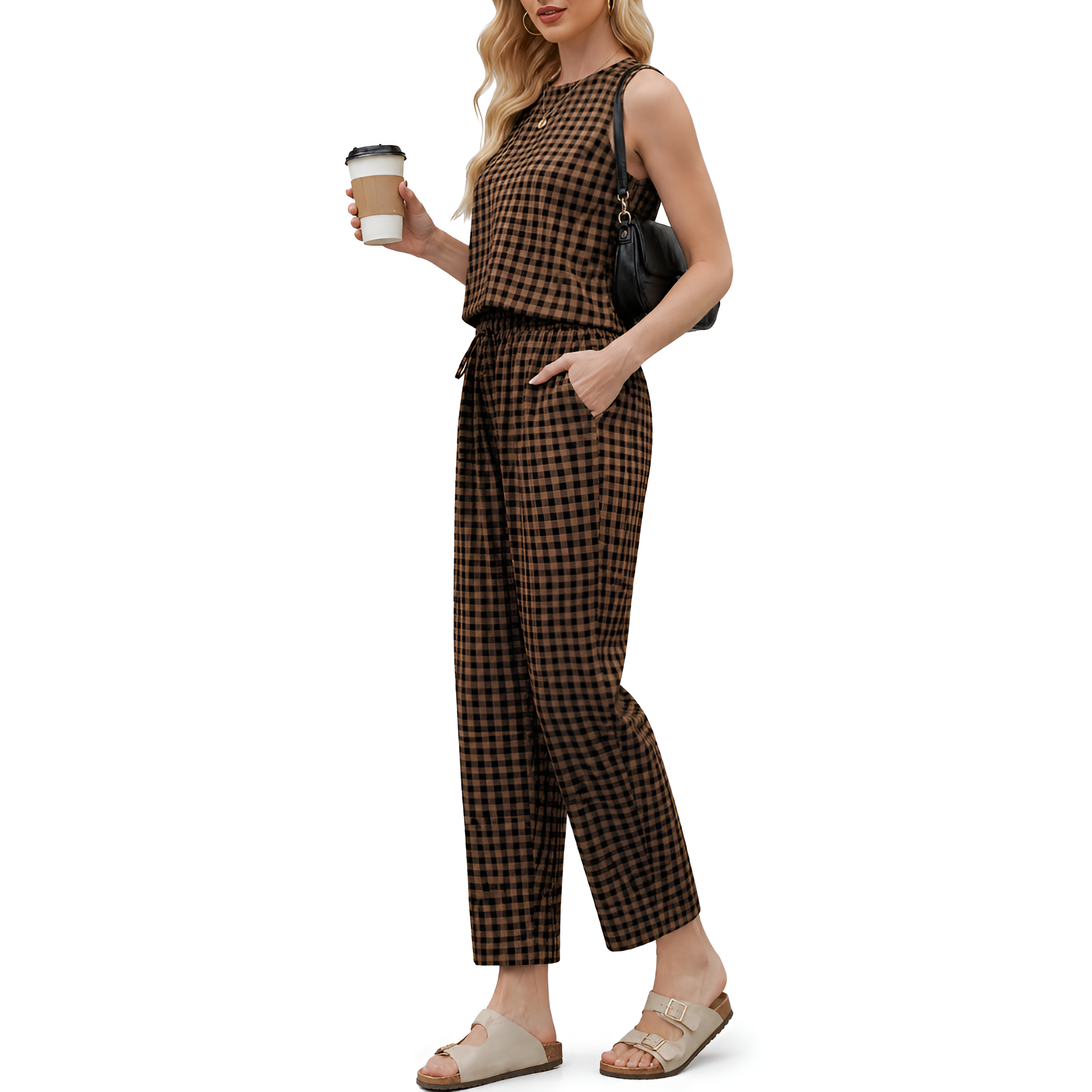 2 Piece Of Checkered Sleeveless Tank Top And Wide Pants Matching Lounge Set