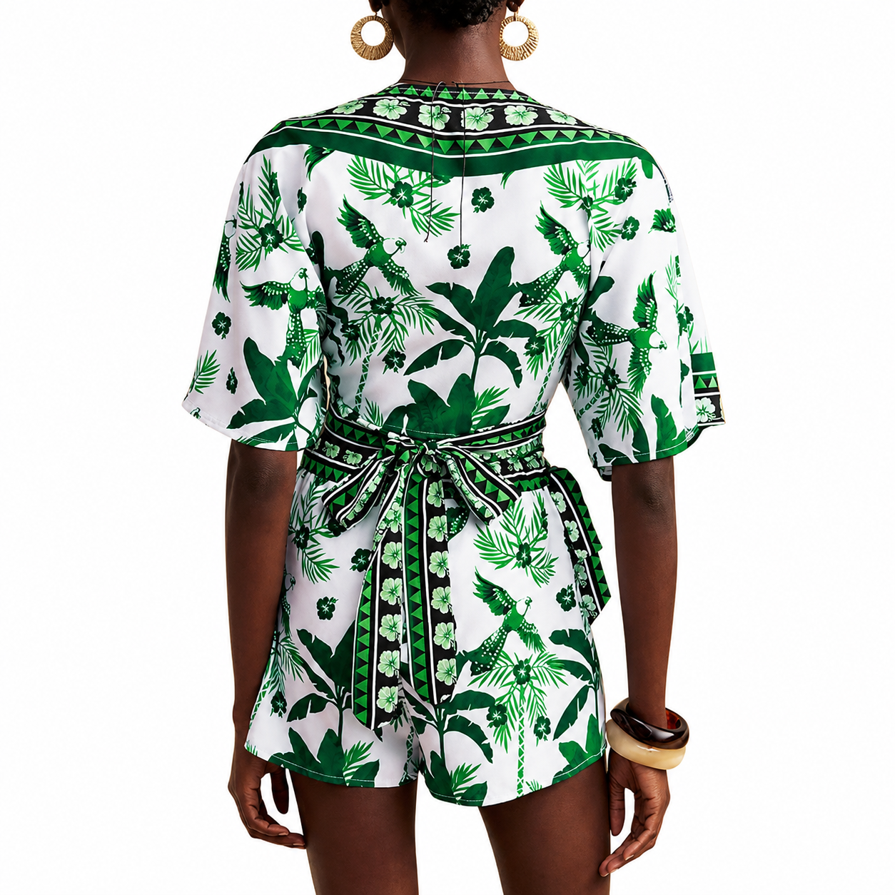 2 Piece Of Tropical Print Half Sleeve Top And Wrap Skirts Set For Women