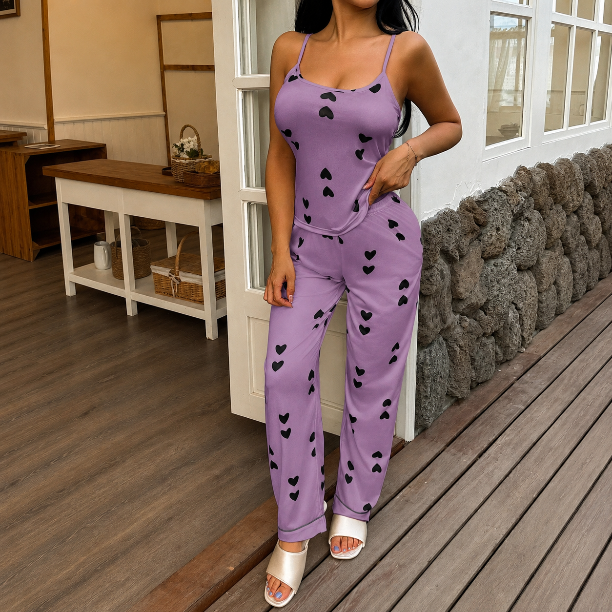 2 Piece Of Casual Printed Cami And Lounge Pants Sleepwear Pajama Set For Women