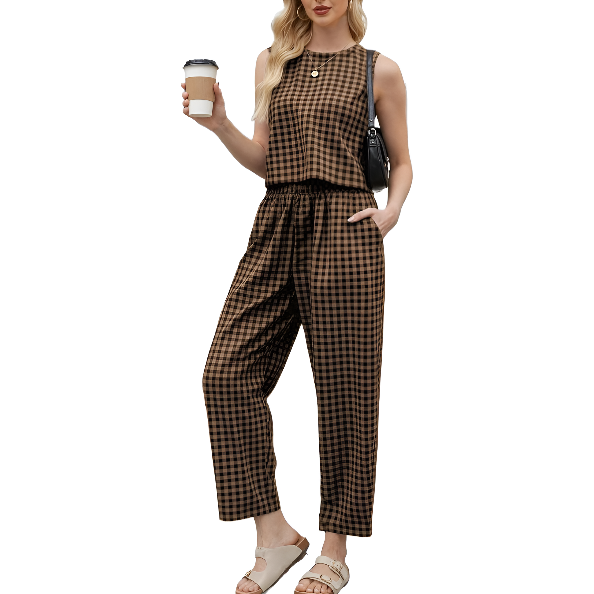 2 Piece Of Checkered Sleeveless Tank Top And Wide Pants Matching Lounge Set