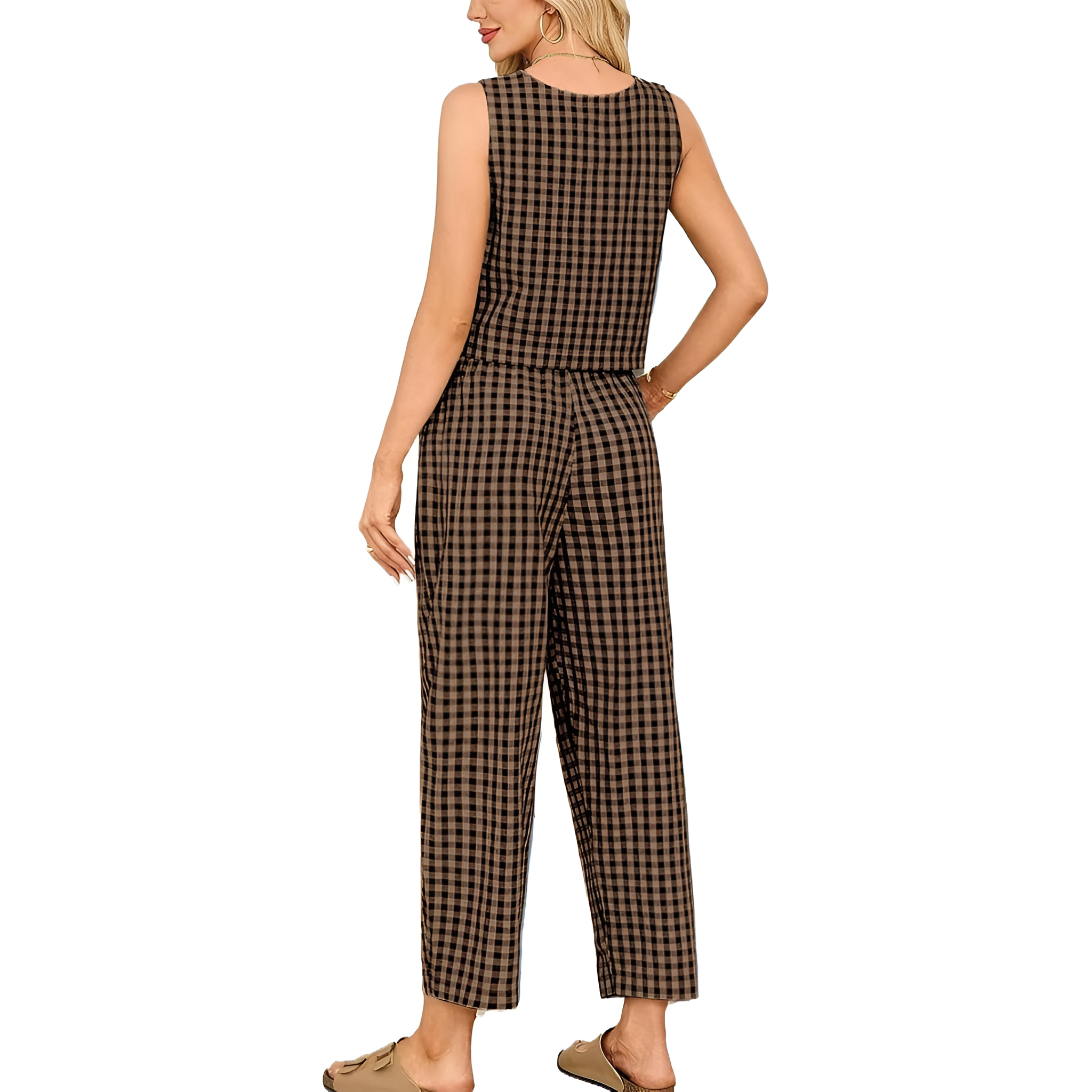 2 Piece Of Checkered Sleeveless Tank Top And Wide Pants Matching Lounge Set