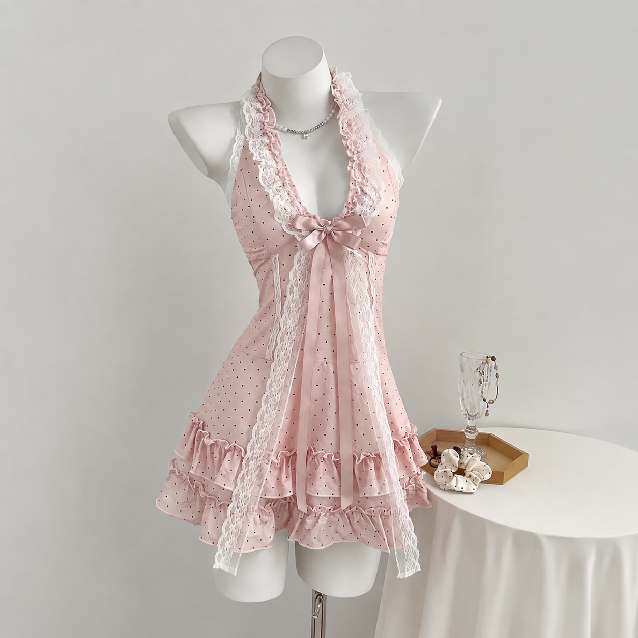 Casual Polka Dot Halter Lounge Dress For Women
