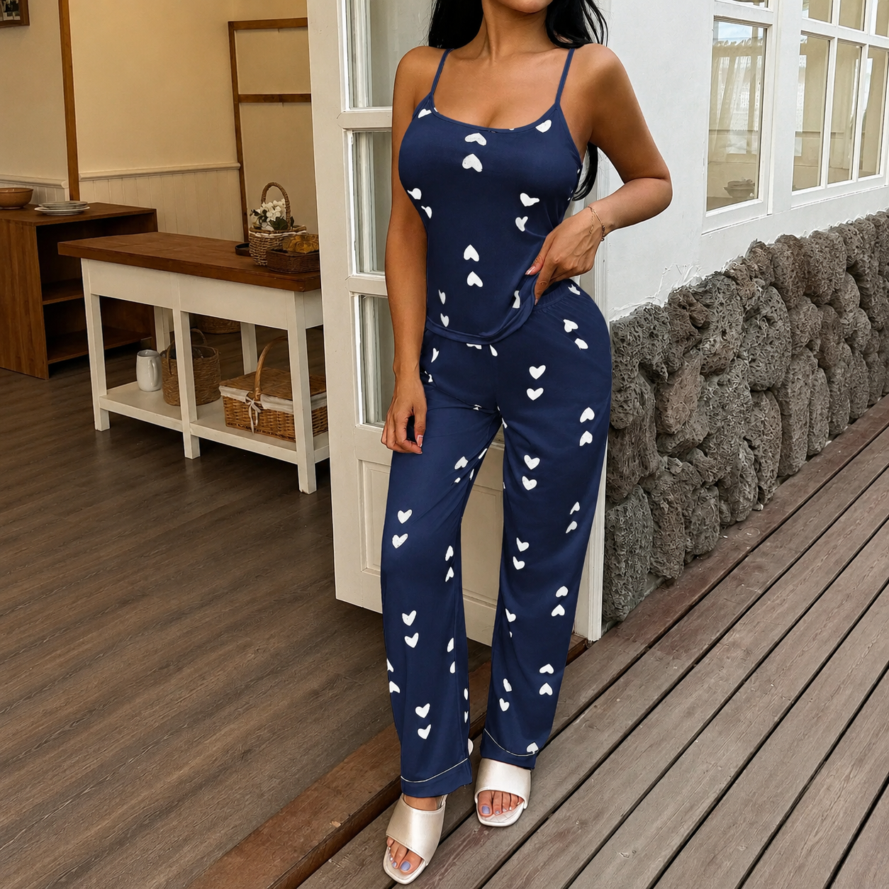 2 Piece Of Casual Printed Cami And Lounge Pants Sleepwear Pajama Set For Women