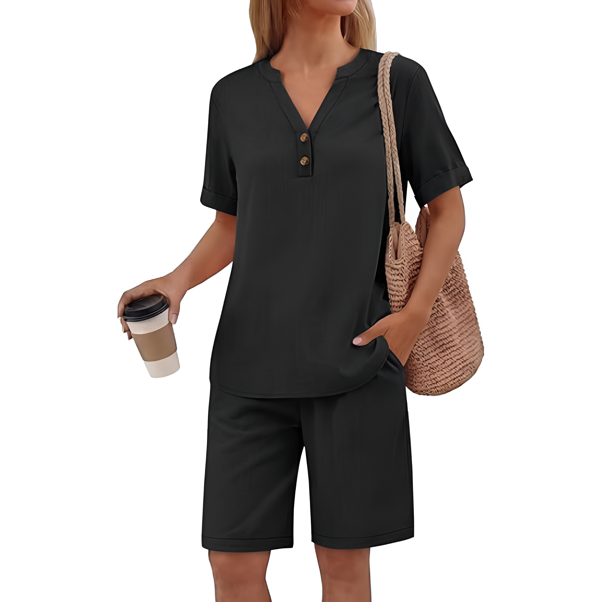 2 Piece Short Sleeve Top And Pocket Shorts Matching Lounge Set For Women