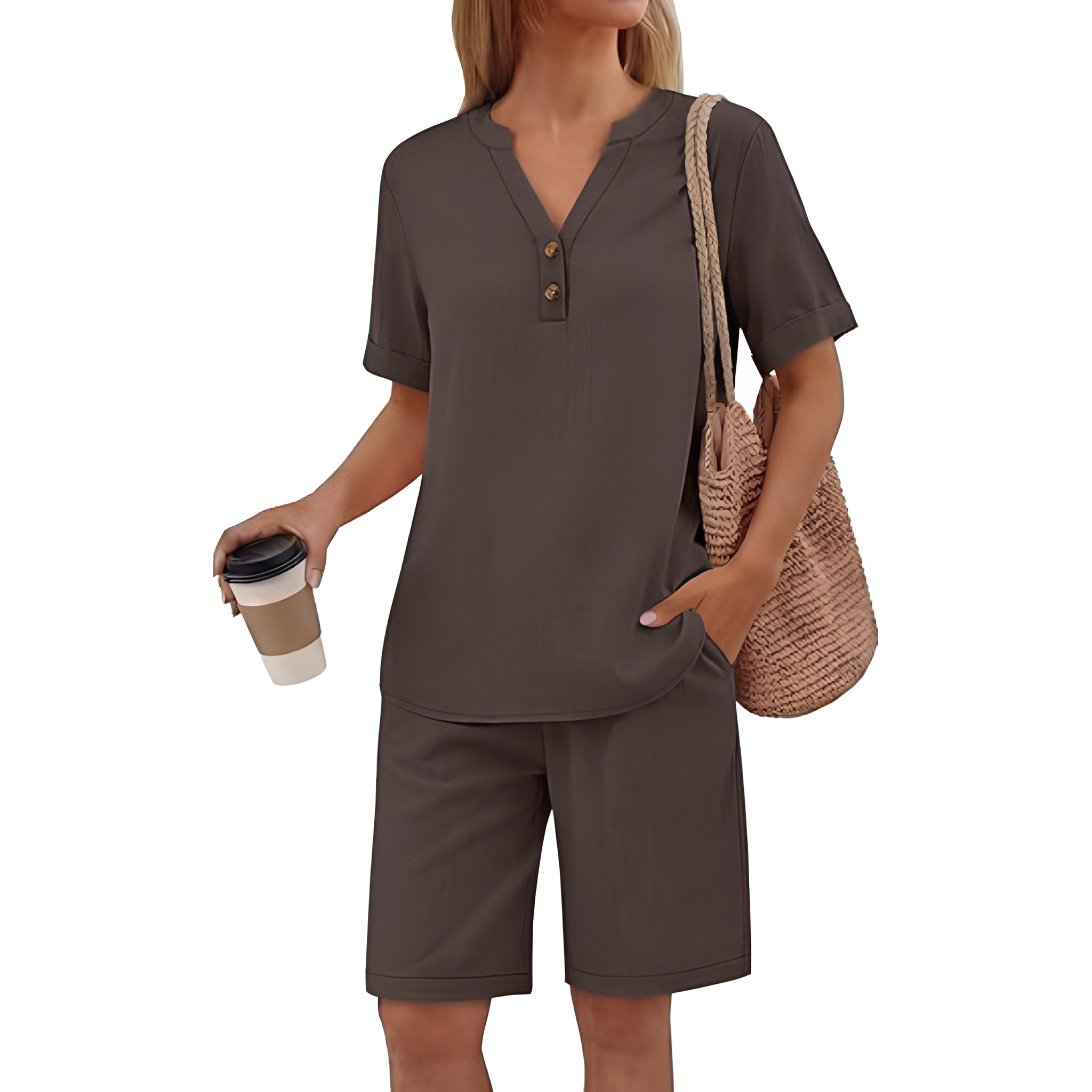 2 Piece Short Sleeve Top And Pocket Shorts Matching Lounge Set For Women