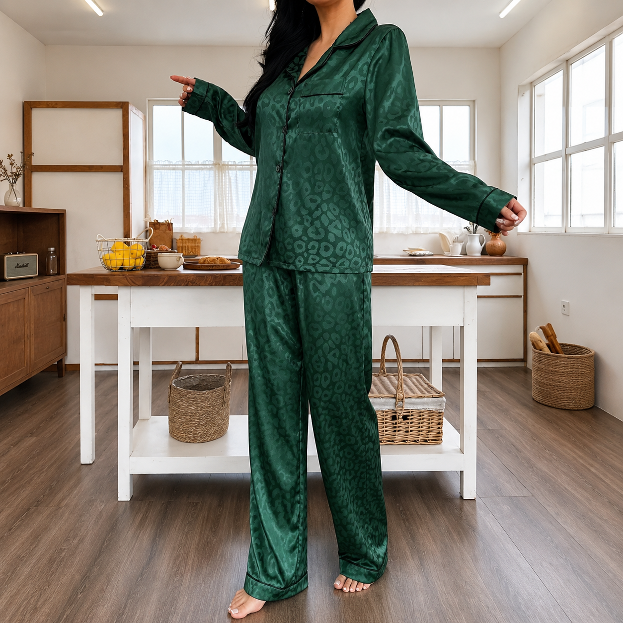 2 Piece Of Printed Jacquard Collared Long Sleeve Top and Pant Pajama Set For Women