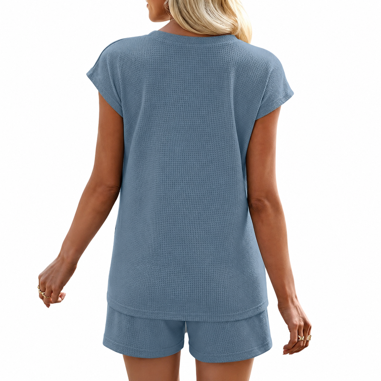 2 Piece Of Cap Sleeve Top and Shorts Waffle Knit Lounge Set For Women