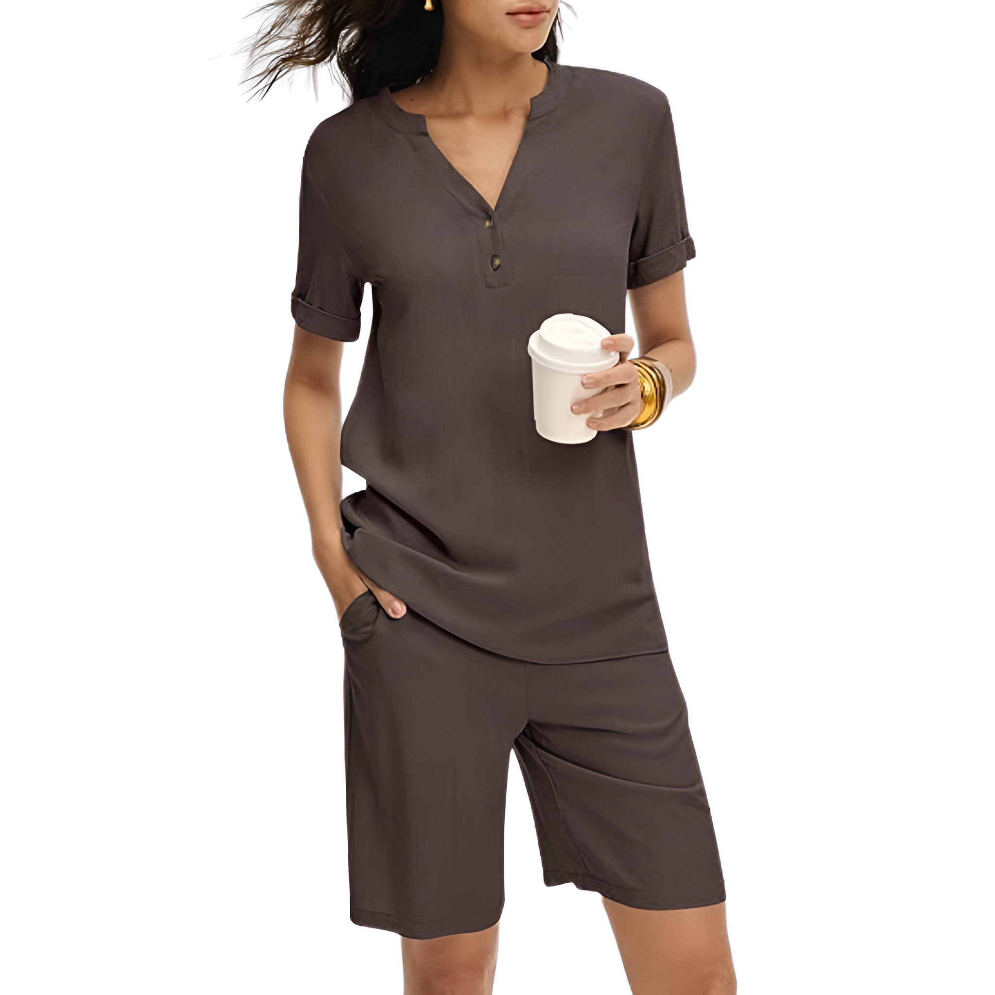 2 Piece Short Sleeve Top And Pocket Shorts Matching Lounge Set For Women
