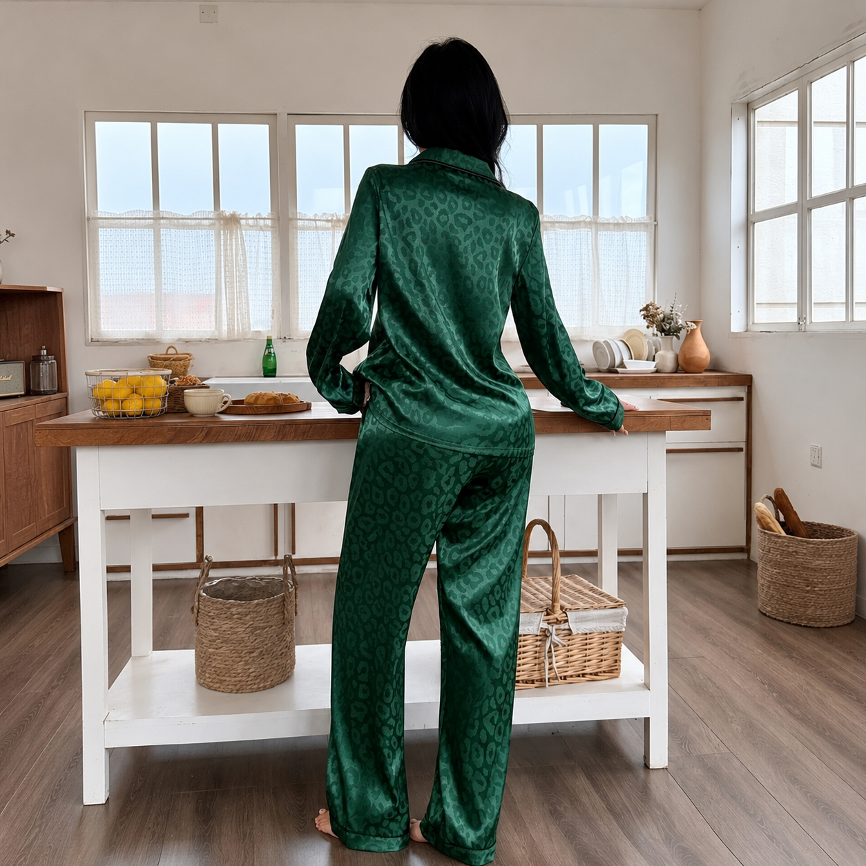 2 Piece Of Printed Jacquard Collared Long Sleeve Top and Pant Pajama Set For Women
