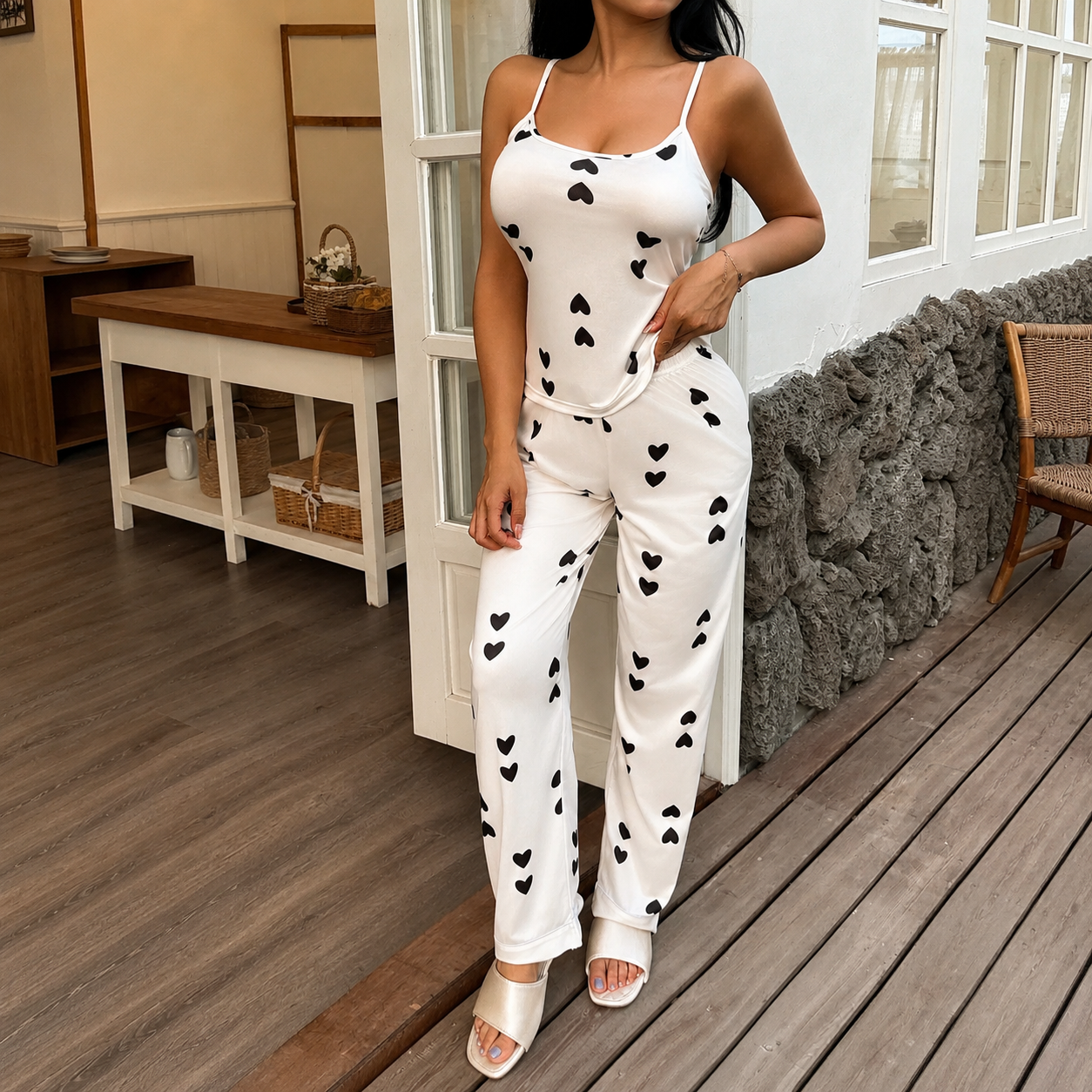 2 Piece Of Casual Printed Cami And Lounge Pants Sleepwear Pajama Set For Women