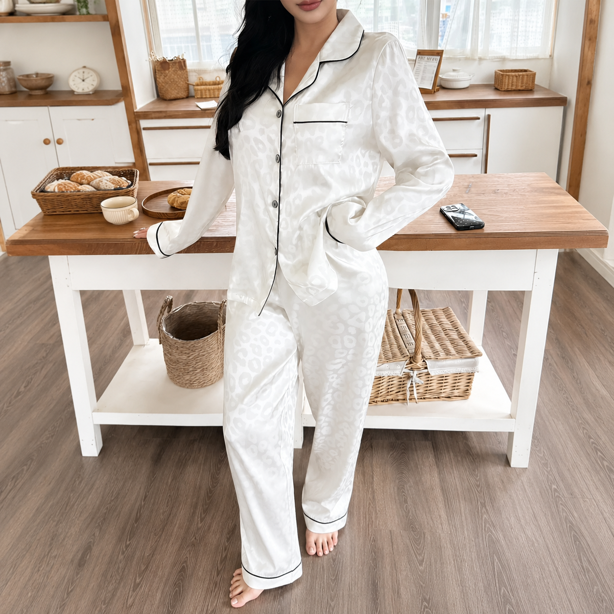 2 Piece Of Printed Jacquard Collared Long Sleeve Top and Pant Pajama Set For Women