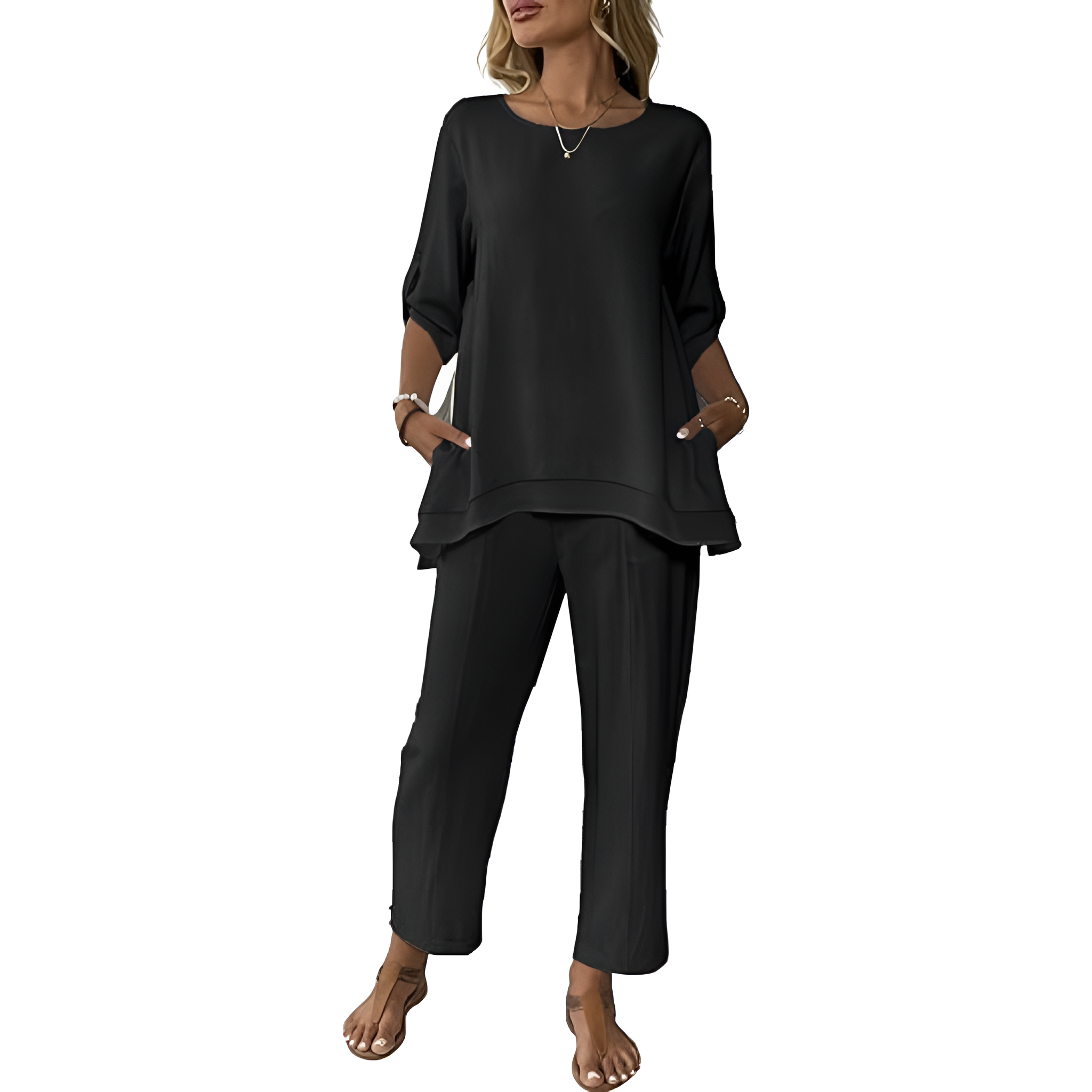2 Piece Of Wide Rolled Sleeves Outfit Set For Women