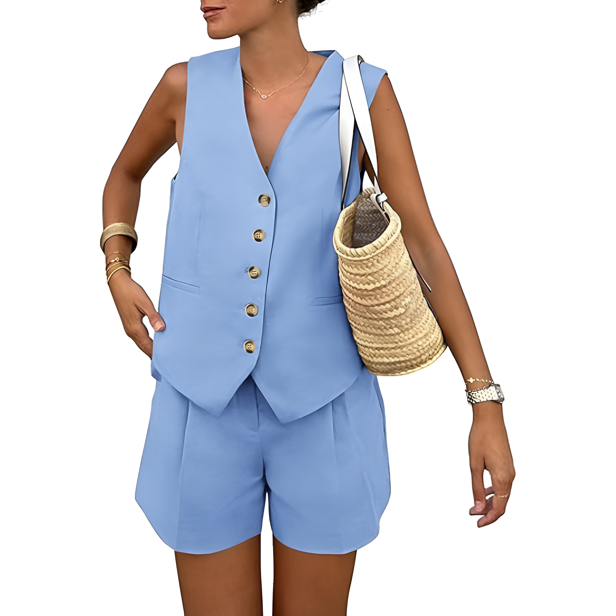 2 Pieces Of Summer Wear Sleeveless Button Down Vest And Shorts Matching Set