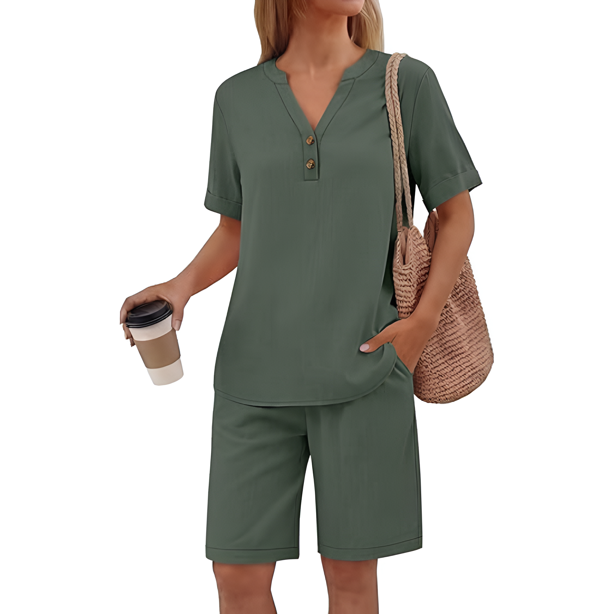 2 Piece Short Sleeve Top And Pocket Shorts Matching Lounge Set For Women