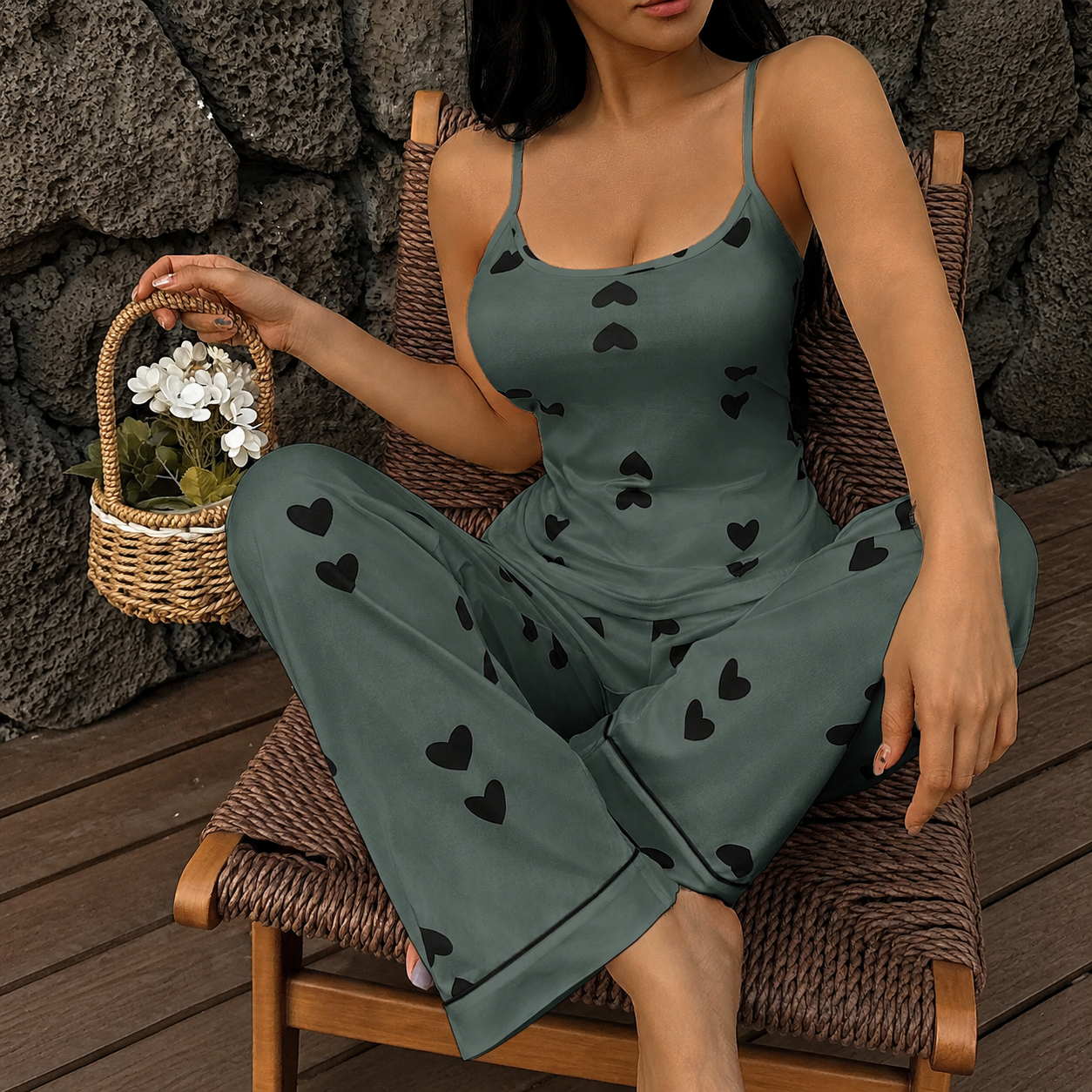 2 Piece Of Casual Printed Cami And Lounge Pants Sleepwear Pajama Set For Women