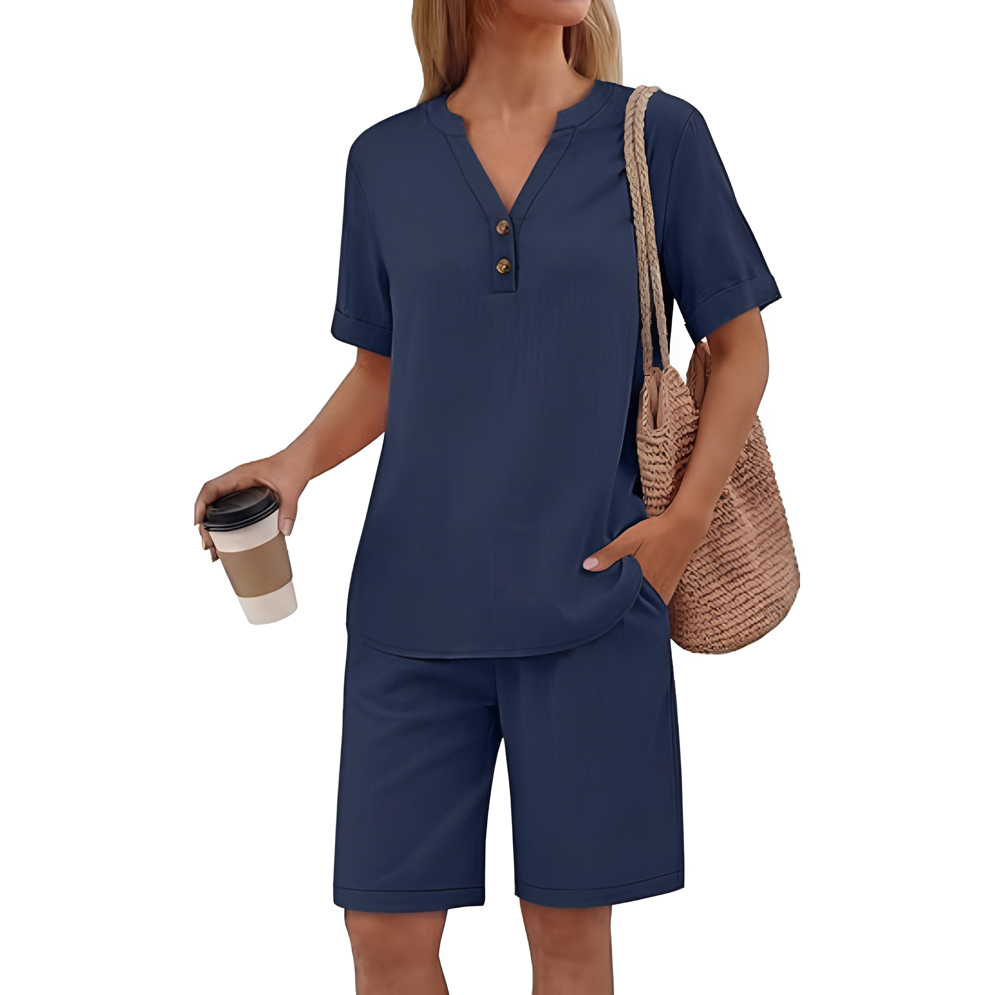 2 Piece Short Sleeve Top And Pocket Shorts Matching Lounge Set For Women