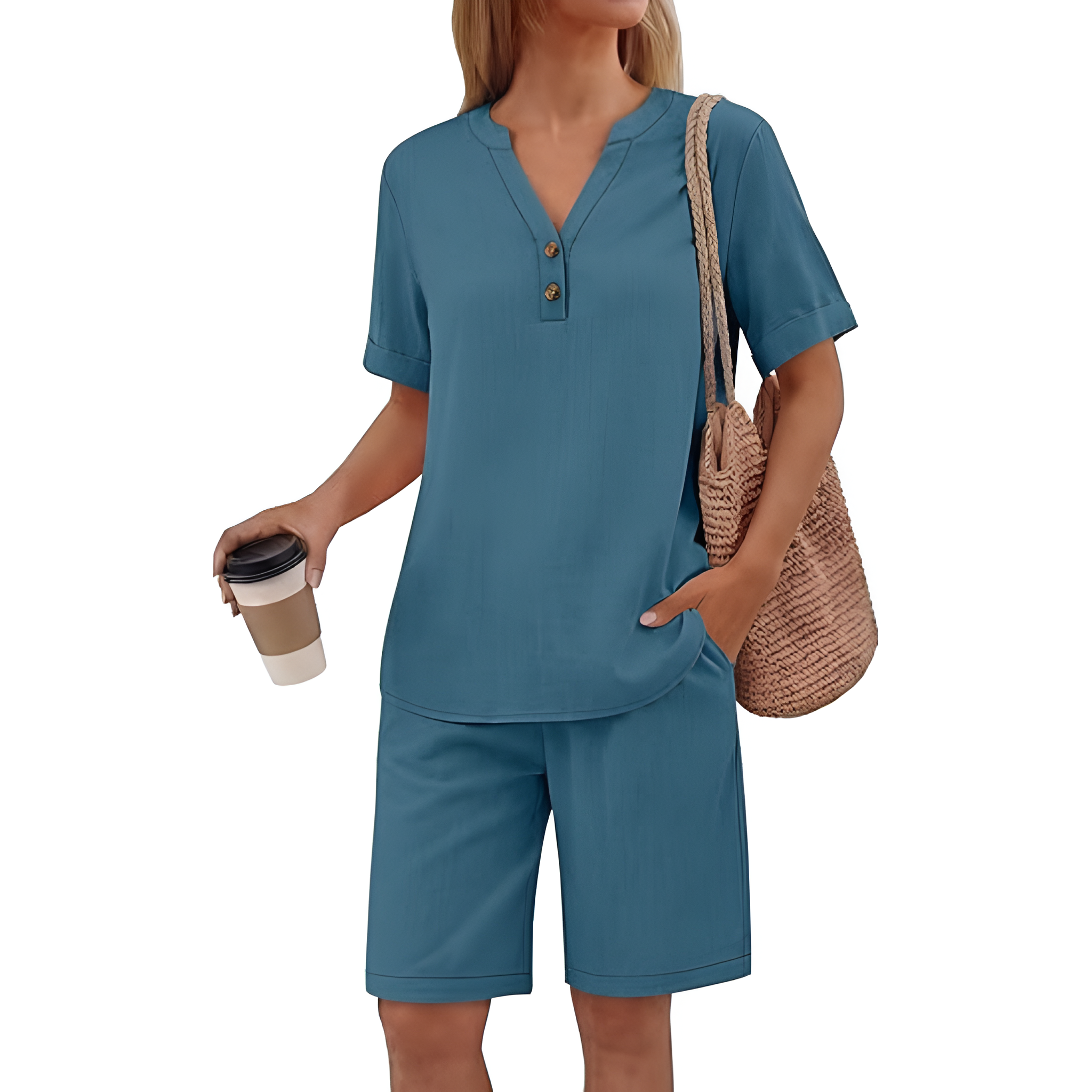 2 Piece Short Sleeve Top And Pocket Shorts Matching Lounge Set For Women