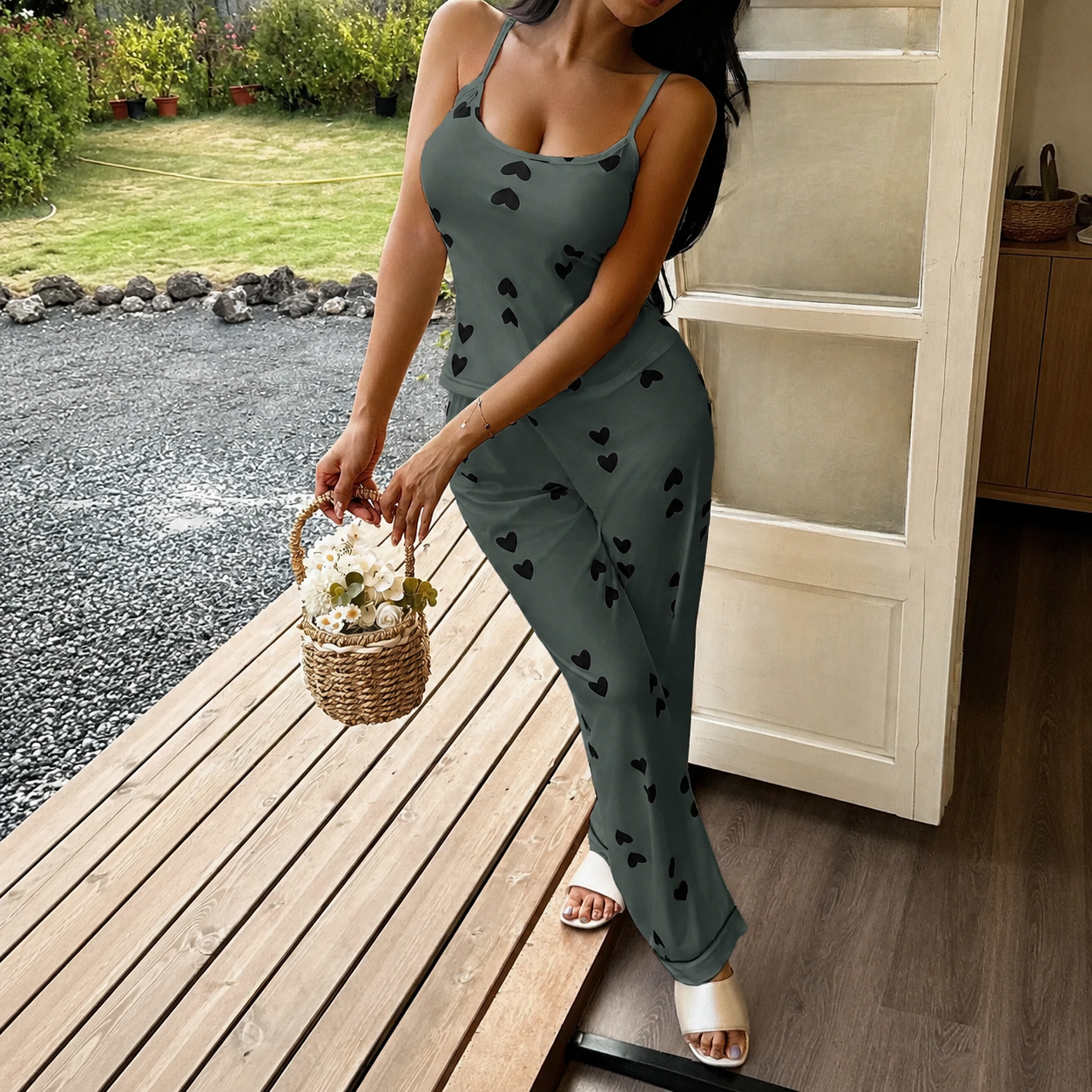 2 Piece Of Casual Printed Cami And Lounge Pants Sleepwear Pajama Set For Women
