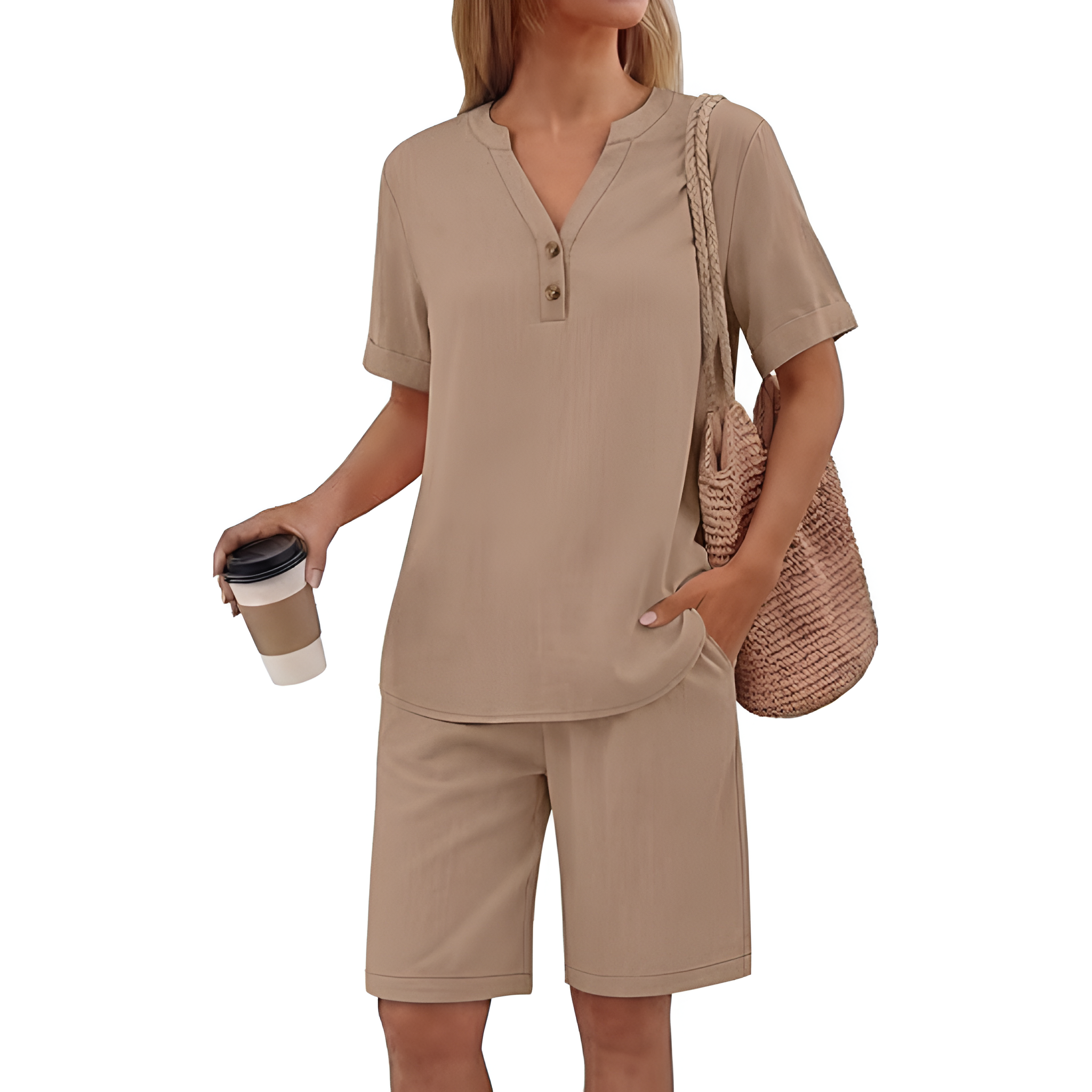 2 Piece Short Sleeve Top And Pocket Shorts Matching Lounge Set For Women