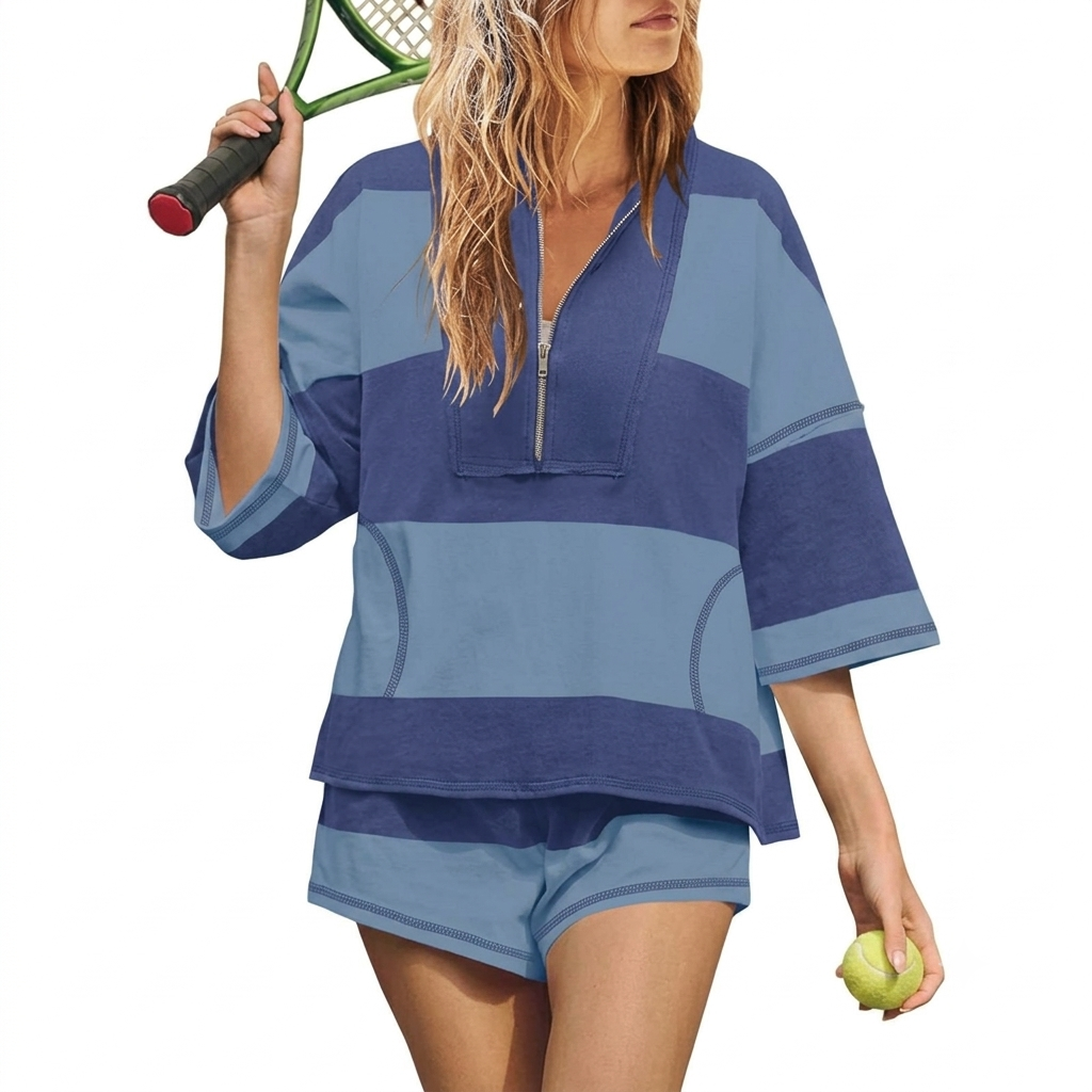 2 Piece Of Striped Half Zip Pullover Top Lounge Set With Matching Shorts For Women