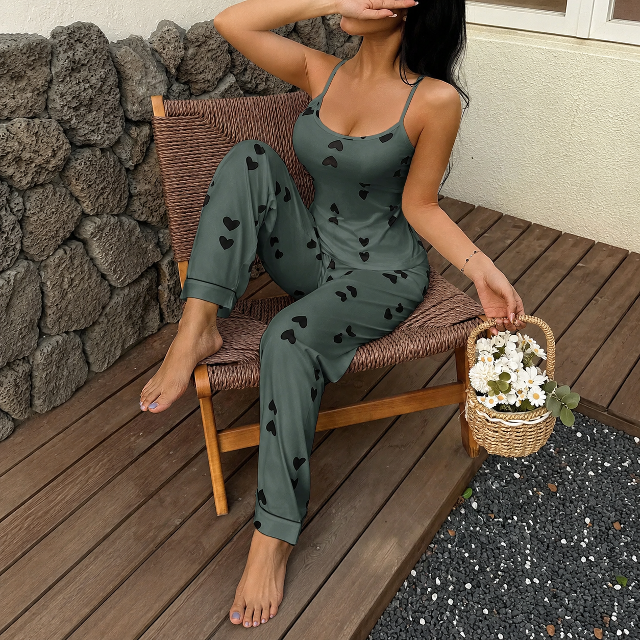 2 Piece Of Casual Printed Cami And Lounge Pants Sleepwear Pajama Set For Women