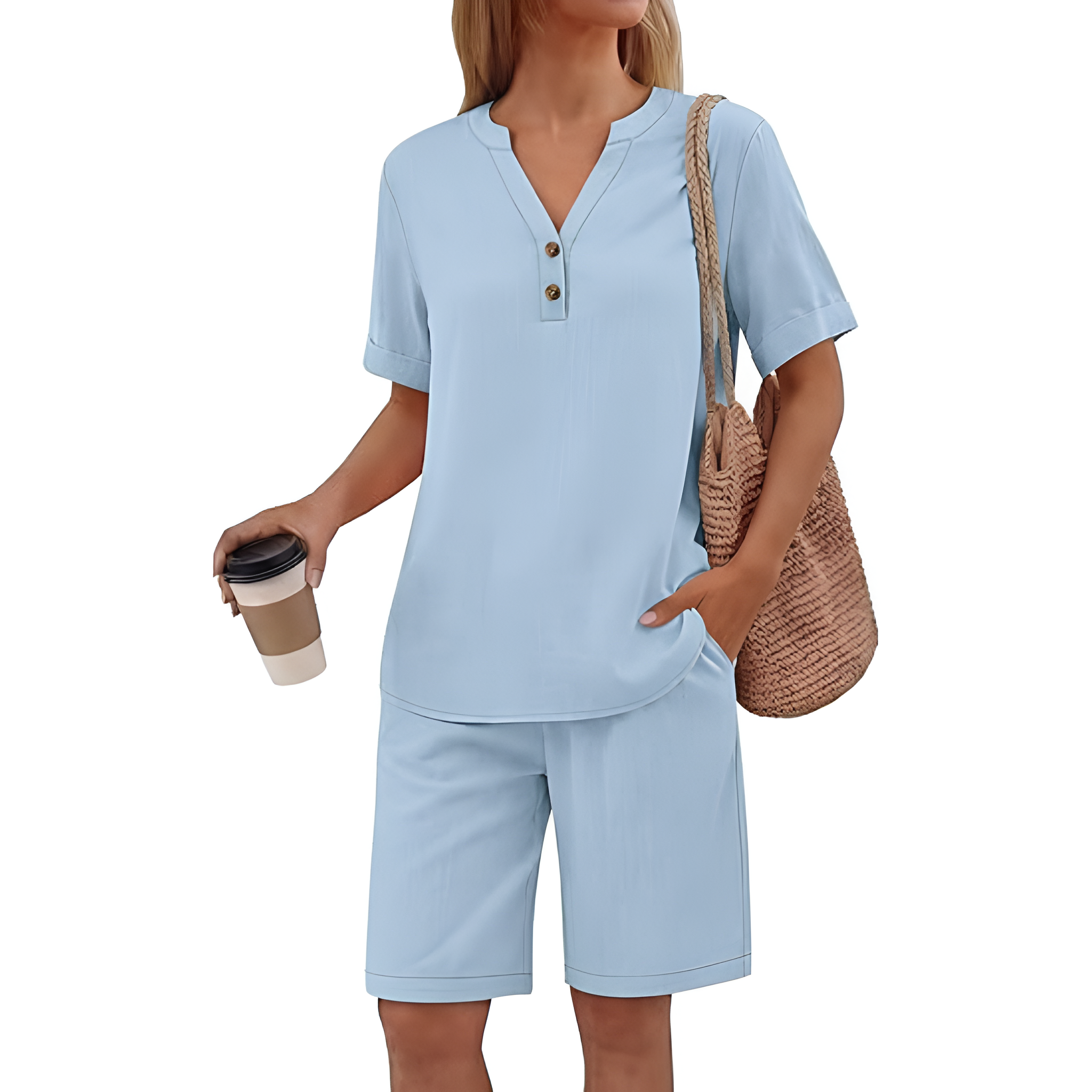 2 Piece Short Sleeve Top And Pocket Shorts Matching Lounge Set For Women