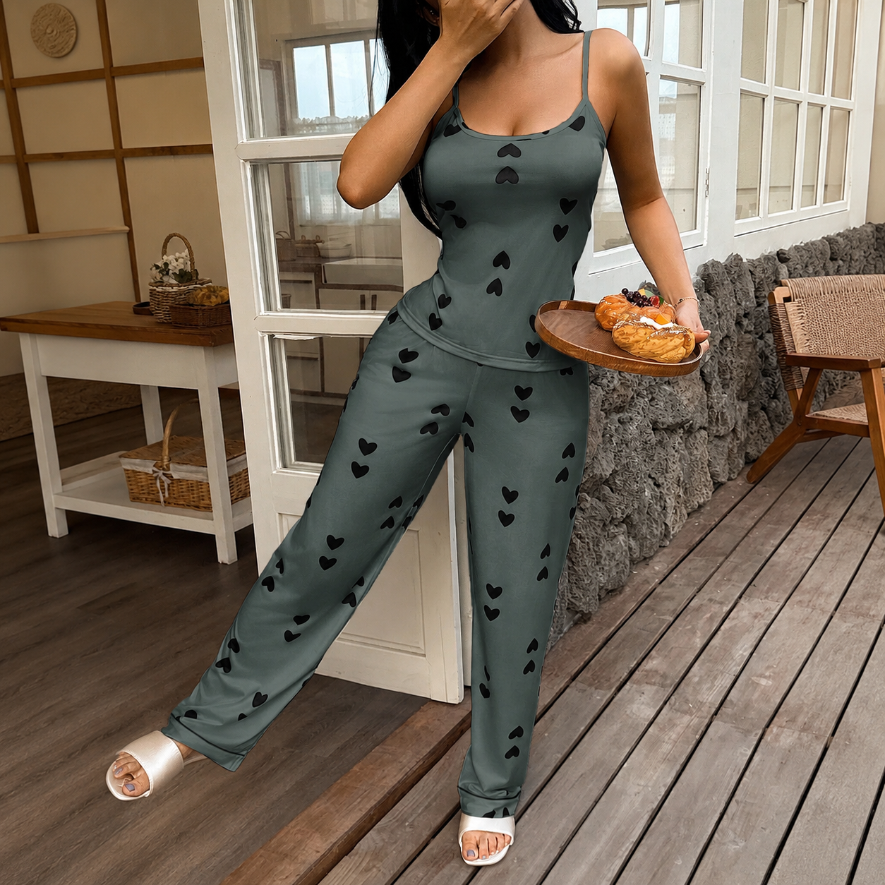2 Piece Of Casual Printed Cami And Lounge Pants Sleepwear Pajama Set For Women