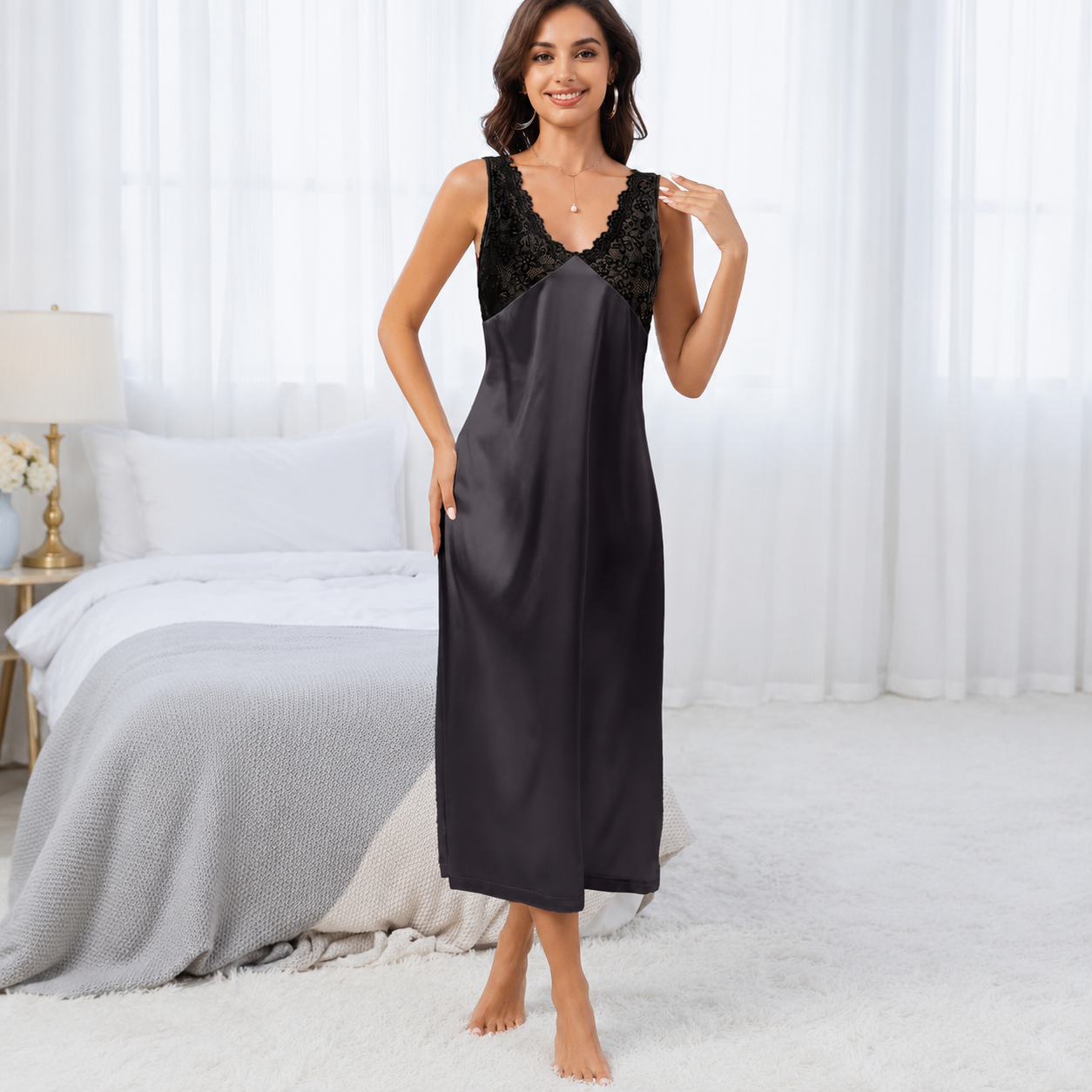 Sleeveless Lace Trim Detail Long Nightgown For Women