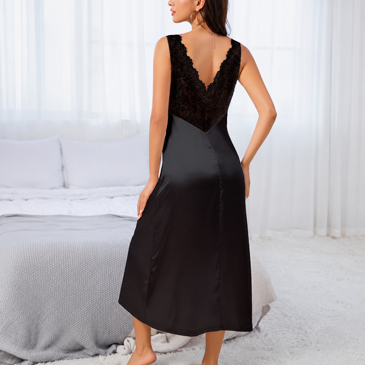 Sleeveless Lace Trim Detail Long Nightgown For Women