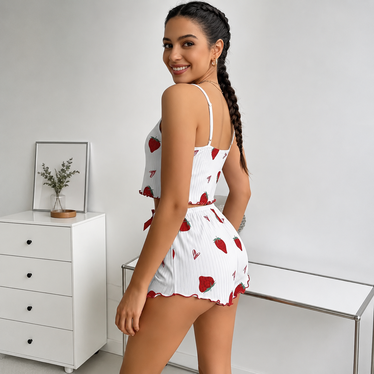 Casual Printed Ribbed Cami And Shorts Pajama Lounge Set For Women