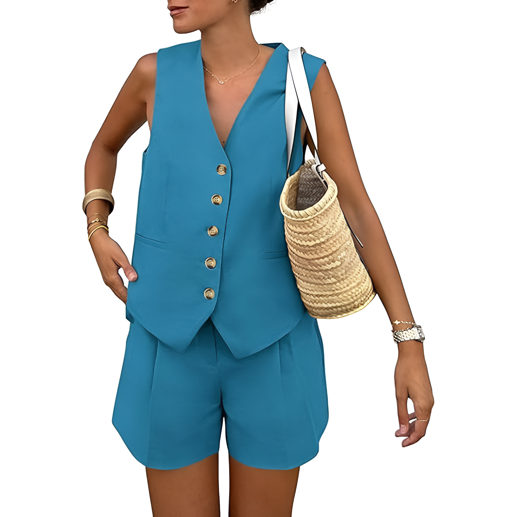 2 Pieces Of Summer Wear Sleeveless Button Down Vest And Shorts Matching Set