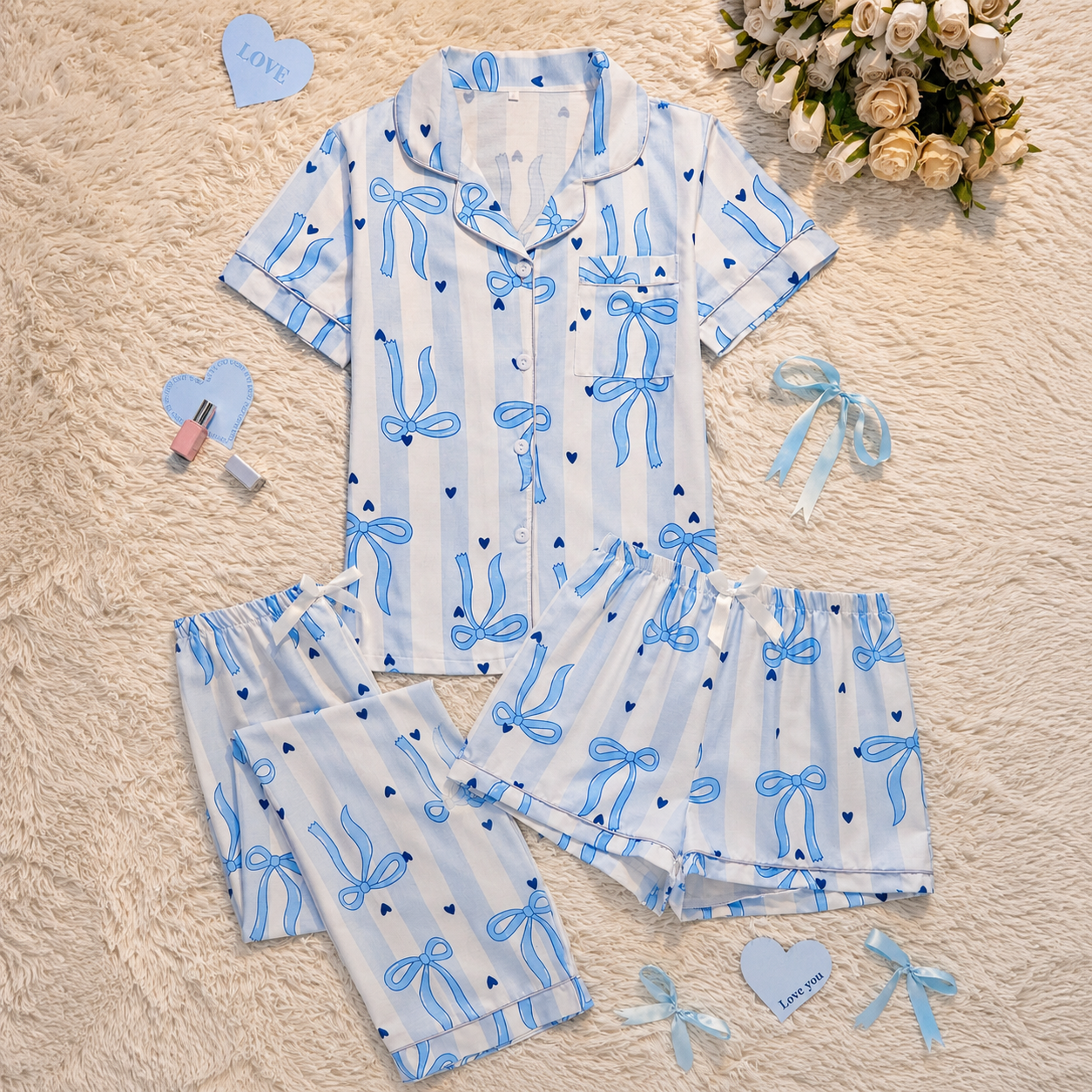  3 Piece Of Striped Bow Print Short Sleeve Shirt Shorts And Pants Matching Pajama Set For Women