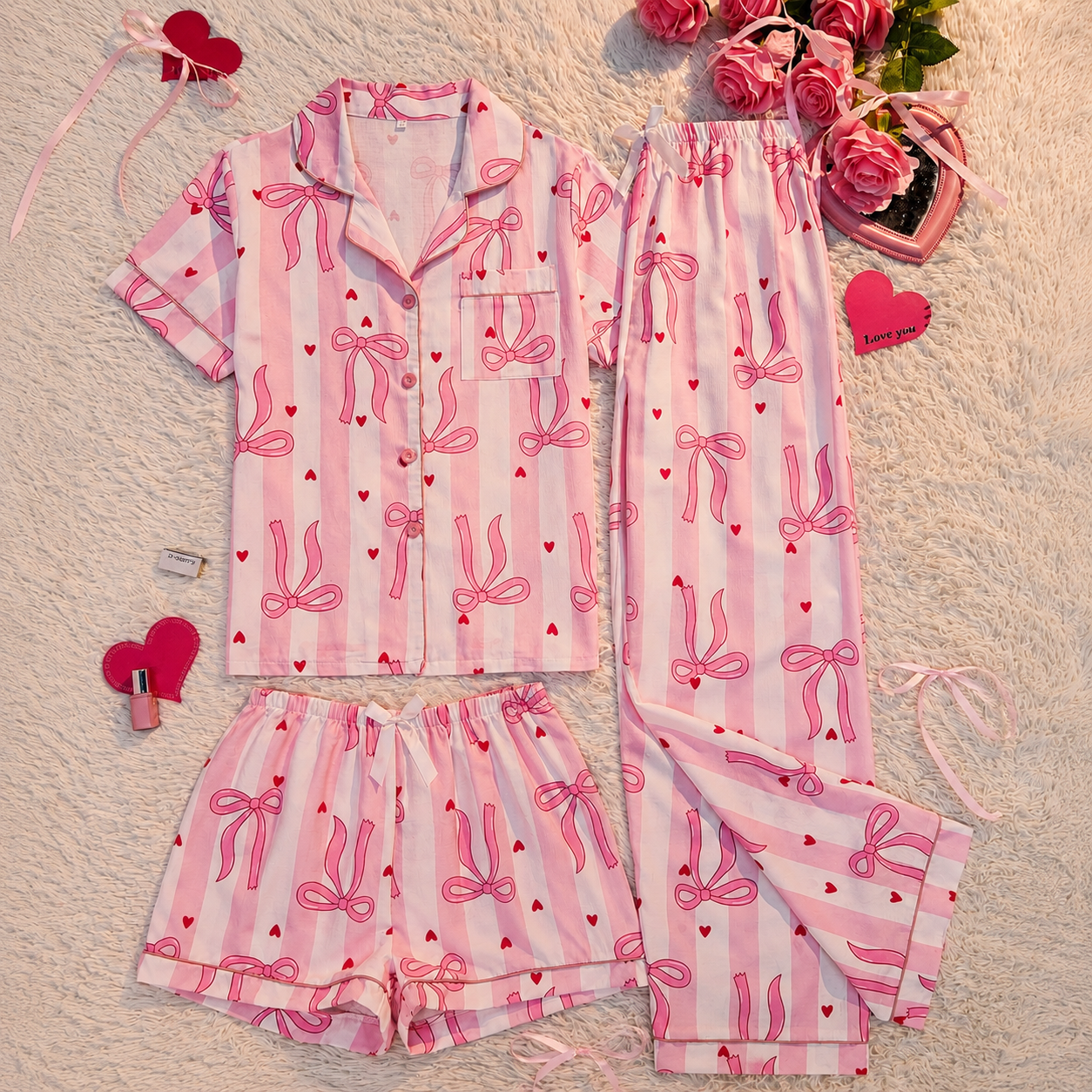  3 Piece Of Striped Bow Print Short Sleeve Shirt Shorts And Pants Matching Pajama Set For Women