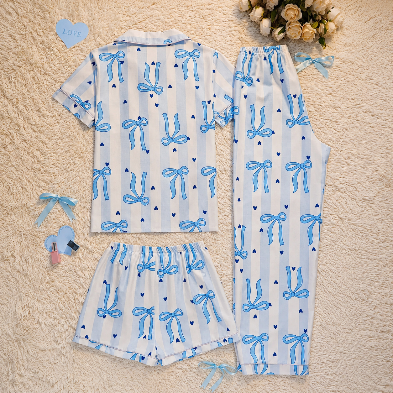  3 Piece Of Striped Bow Print Short Sleeve Shirt Shorts And Pants Matching Pajama Set For Women