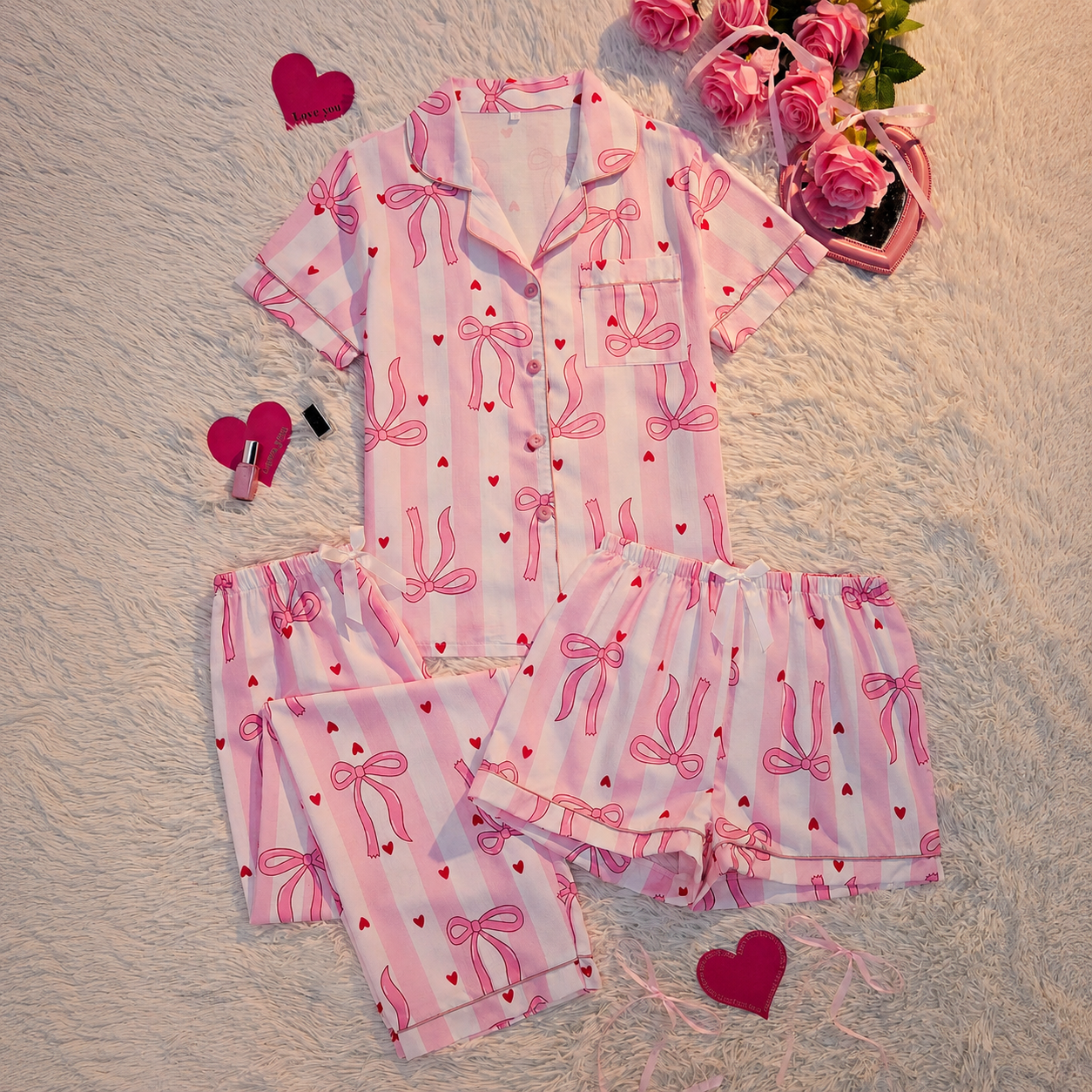  3 Piece Of Striped Bow Print Short Sleeve Shirt Shorts And Pants Matching Pajama Set For Women