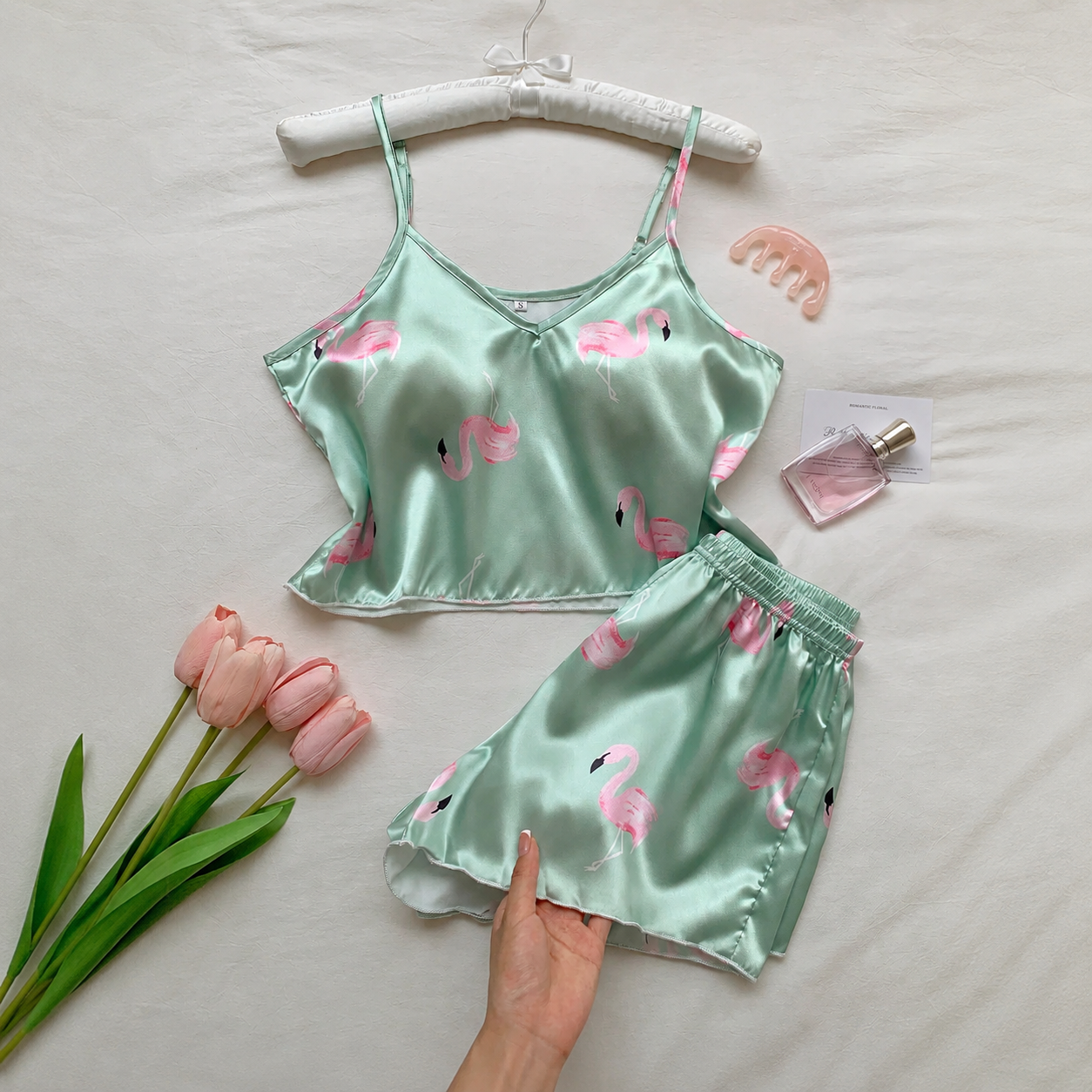 Flamingo Print Cami Top And Shorts Pajama Set For Women