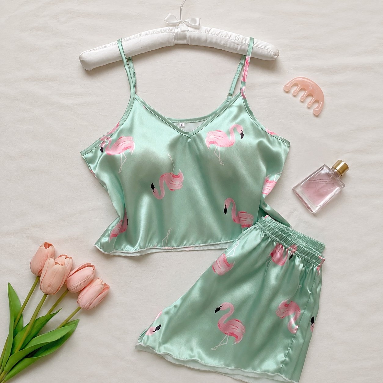 Flamingo Print Cami Top And Shorts Pajama Set For Women