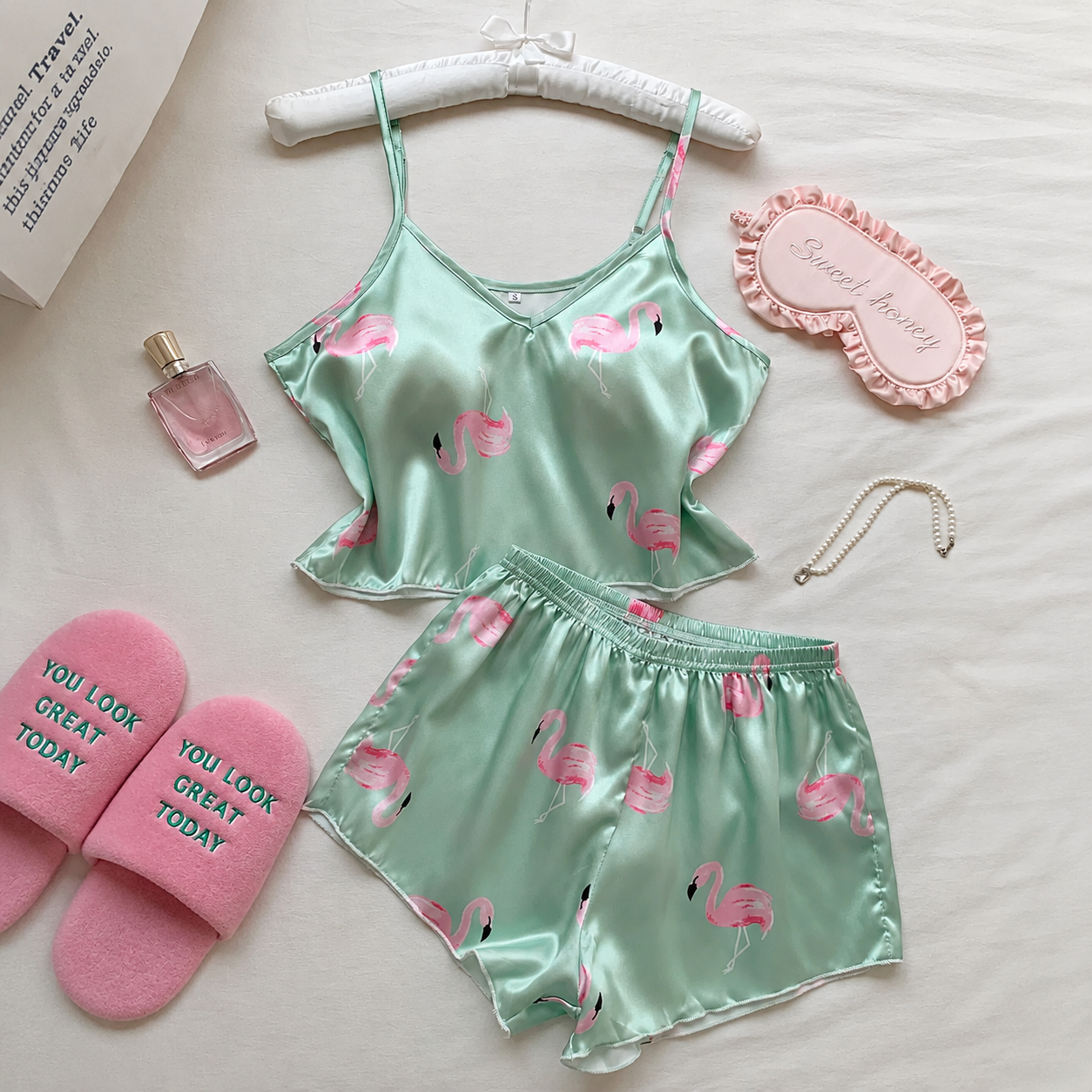 Flamingo Print Cami Top And Shorts Pajama Set For Women