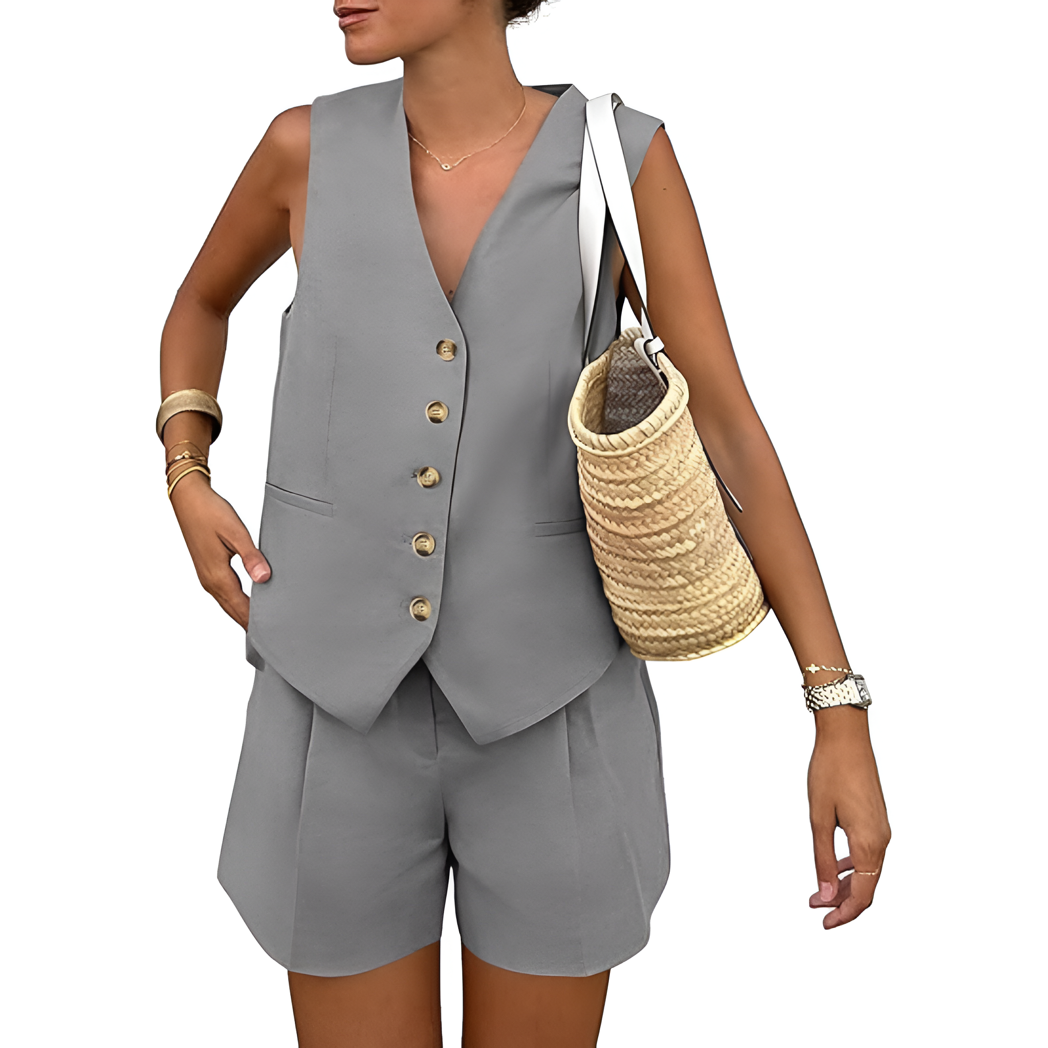 2 Pieces Of Summer Wear Sleeveless Button Down Vest And Shorts Matching Set