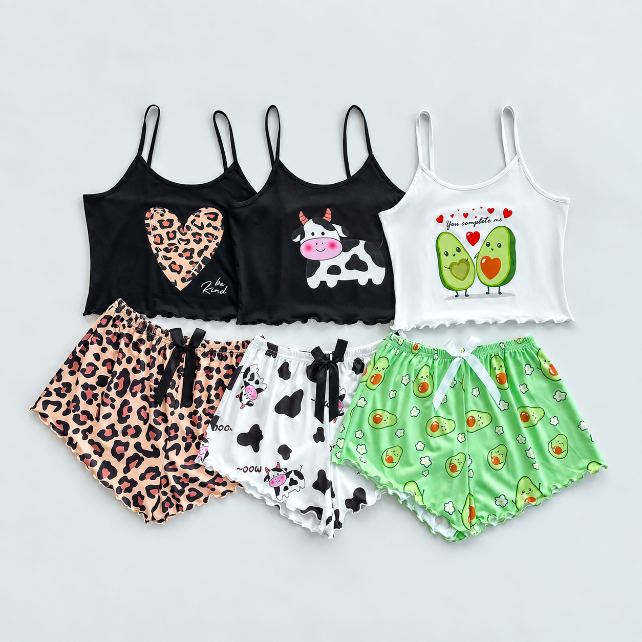 Cartoon Print Lace Trim Camisole and Shorts 3 Piece Pajama Set for Women
