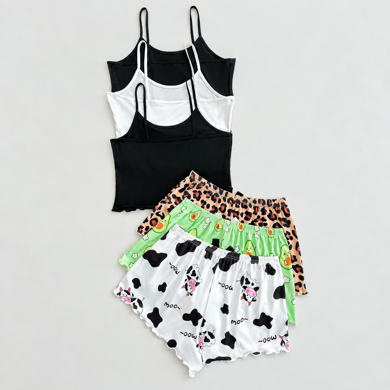 Cartoon Print Lace Trim Camisole and Shorts 3 Piece Pajama Set for Women