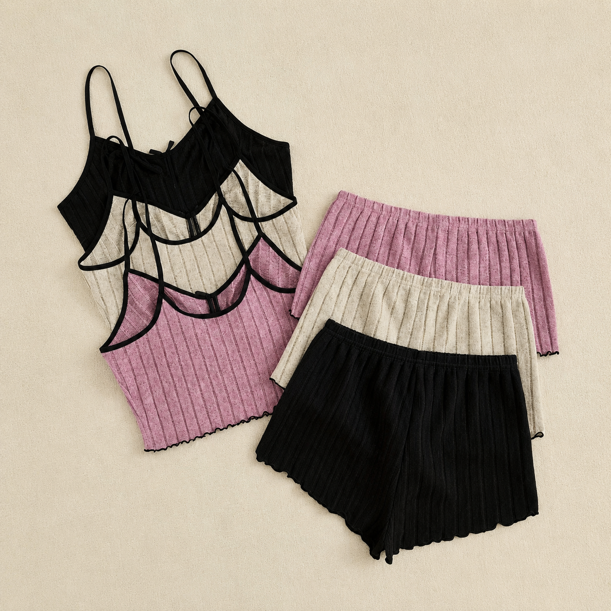 Soft Ribbed Knit Camisole And Suspender Shorts Lounge 6 Piece Set For Women