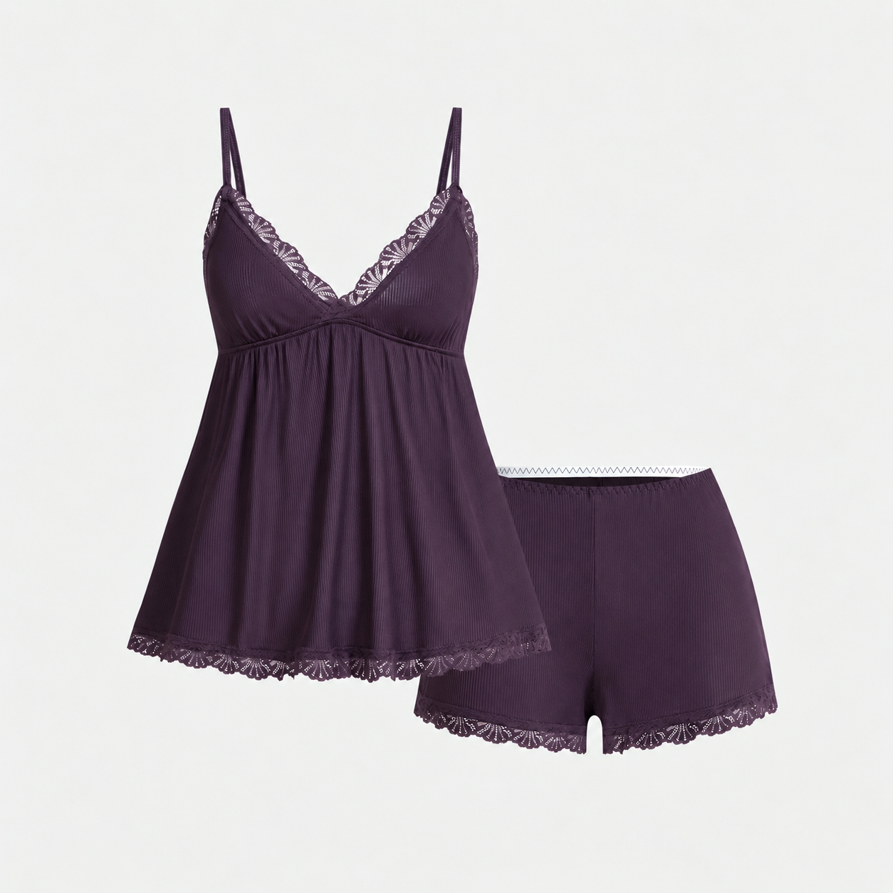 Ribbed Lace Camisole and Shorts 2 Piece Pajama Set for Women