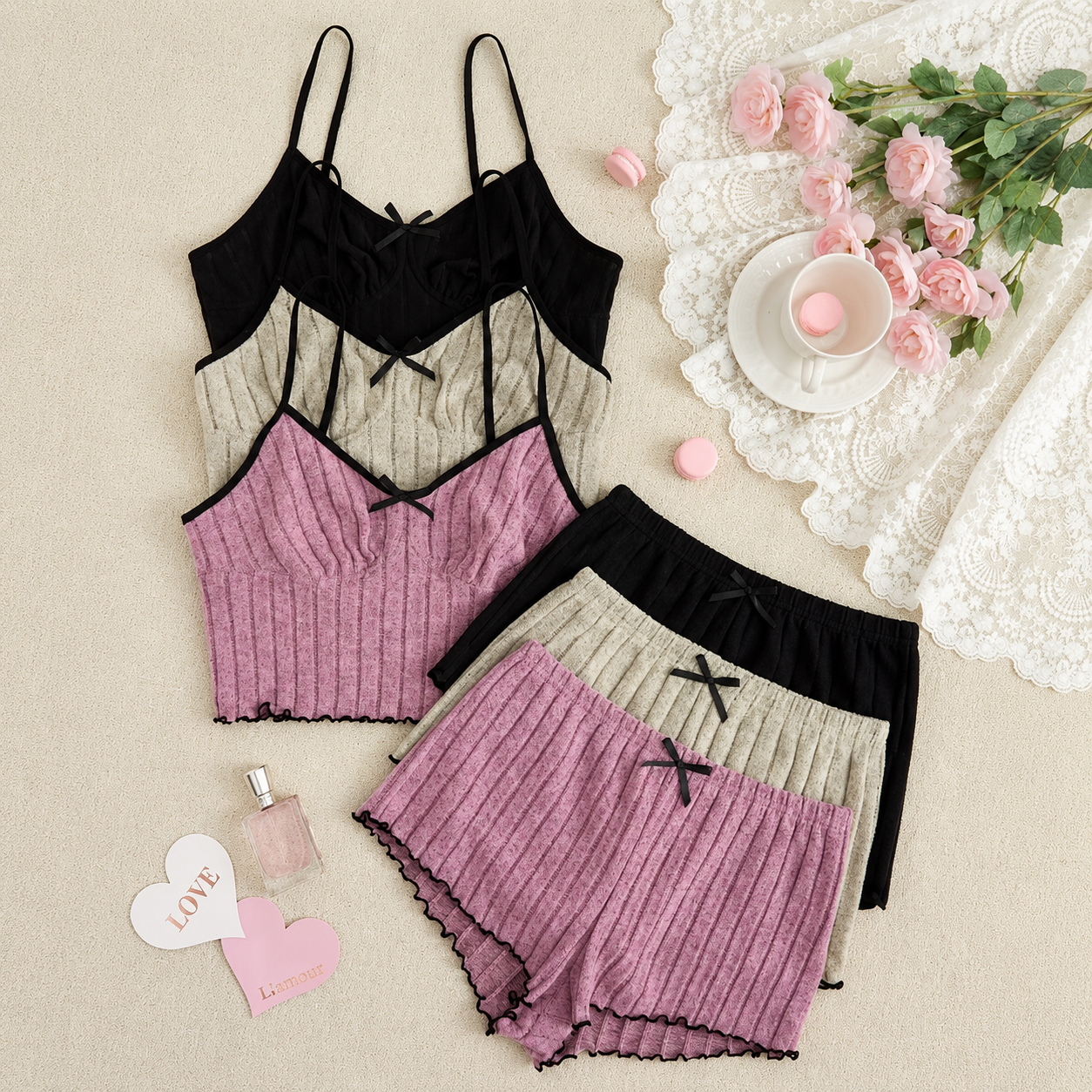 Soft Ribbed Knit Camisole And Suspender Shorts Lounge 6 Piece Set For Women
