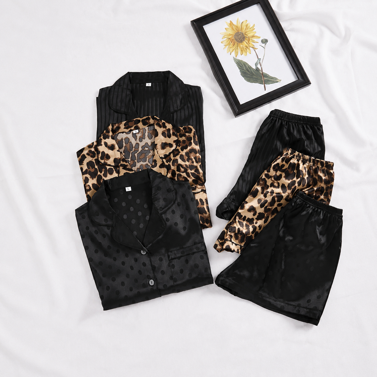 Pack Of 3 Lapel Collar Button Front Pajama Shorts Set With Pocket For Women